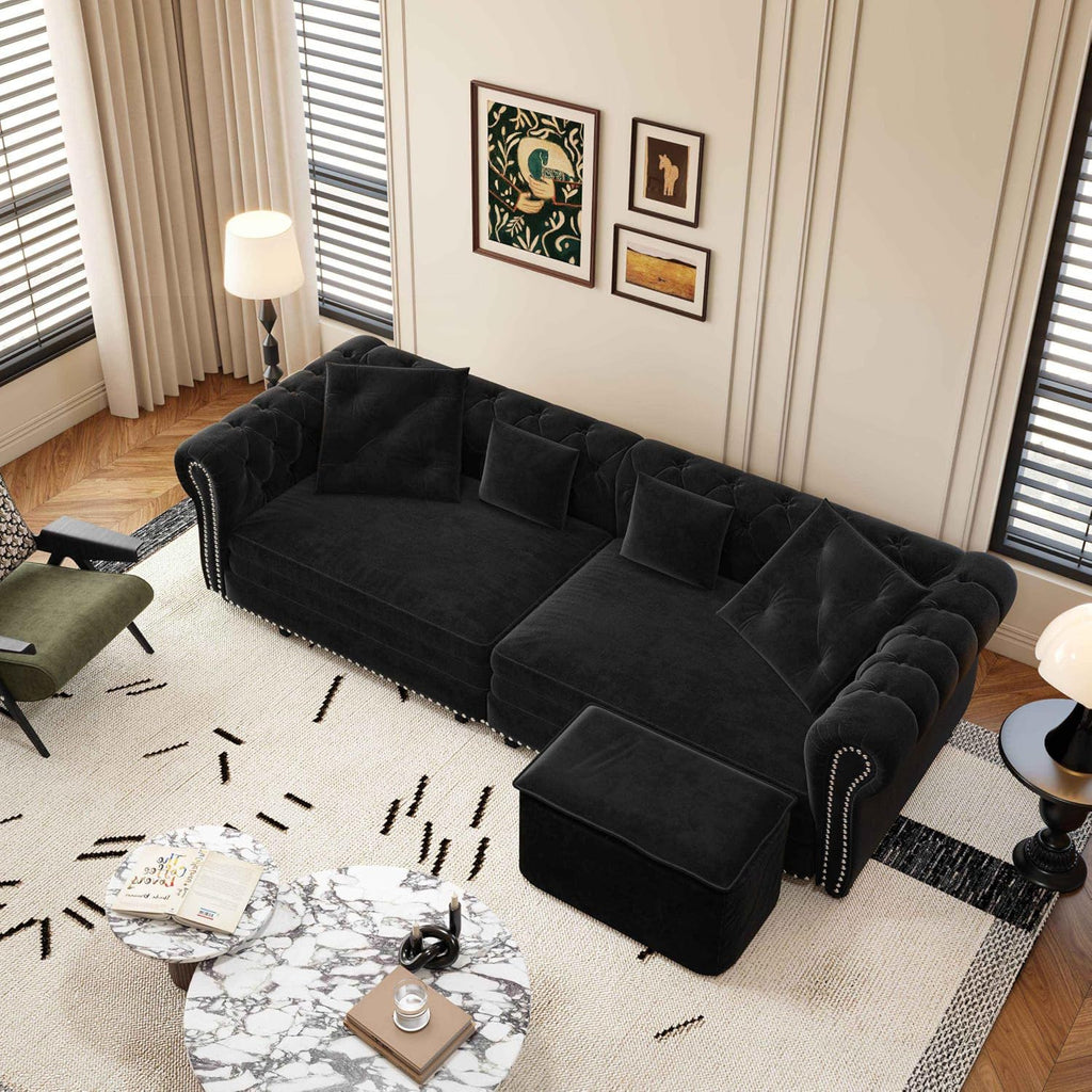 89'' Pull Out Sofa Bed King, Chesterfield Velvet Sleeper Sofa, Convertible L-Shaped Futon Couch, Tufted Back, 4 Pillows, Ottoman, Deep Seat Loveseat Couches for Apartment, Living Room, Black
