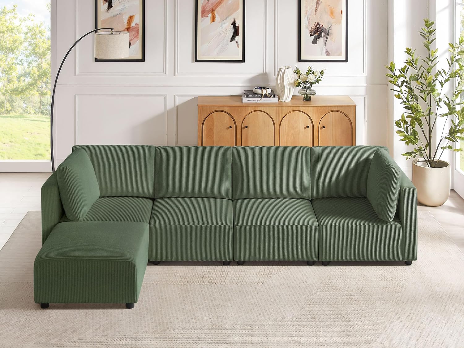 123.6' L Shaped Modular Sectional Sofa with Ottomans, Corduroy Sectional Sofa with Chaise, 5 Seater Convertible Modular Sofa Free Combination Couch for Living Room Apartments