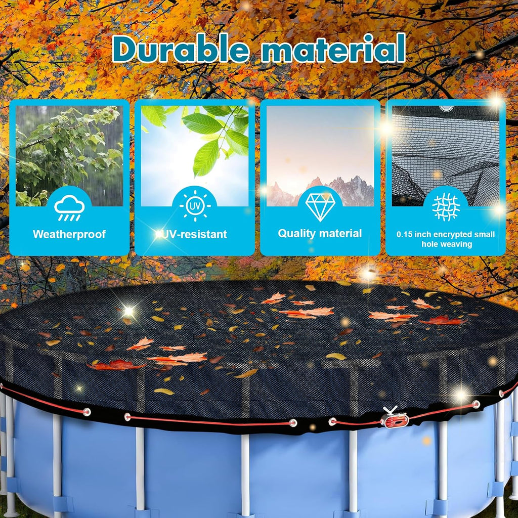 33.5FT Leaf Net Pool Cover for 30 Ft Round Above Ground, Durable Black Mesh Swimming Pool Leaf Net Cover with Winch and Cable for Leaves and Debris, Tear Resistant, UV Resistant, and Reatherproof