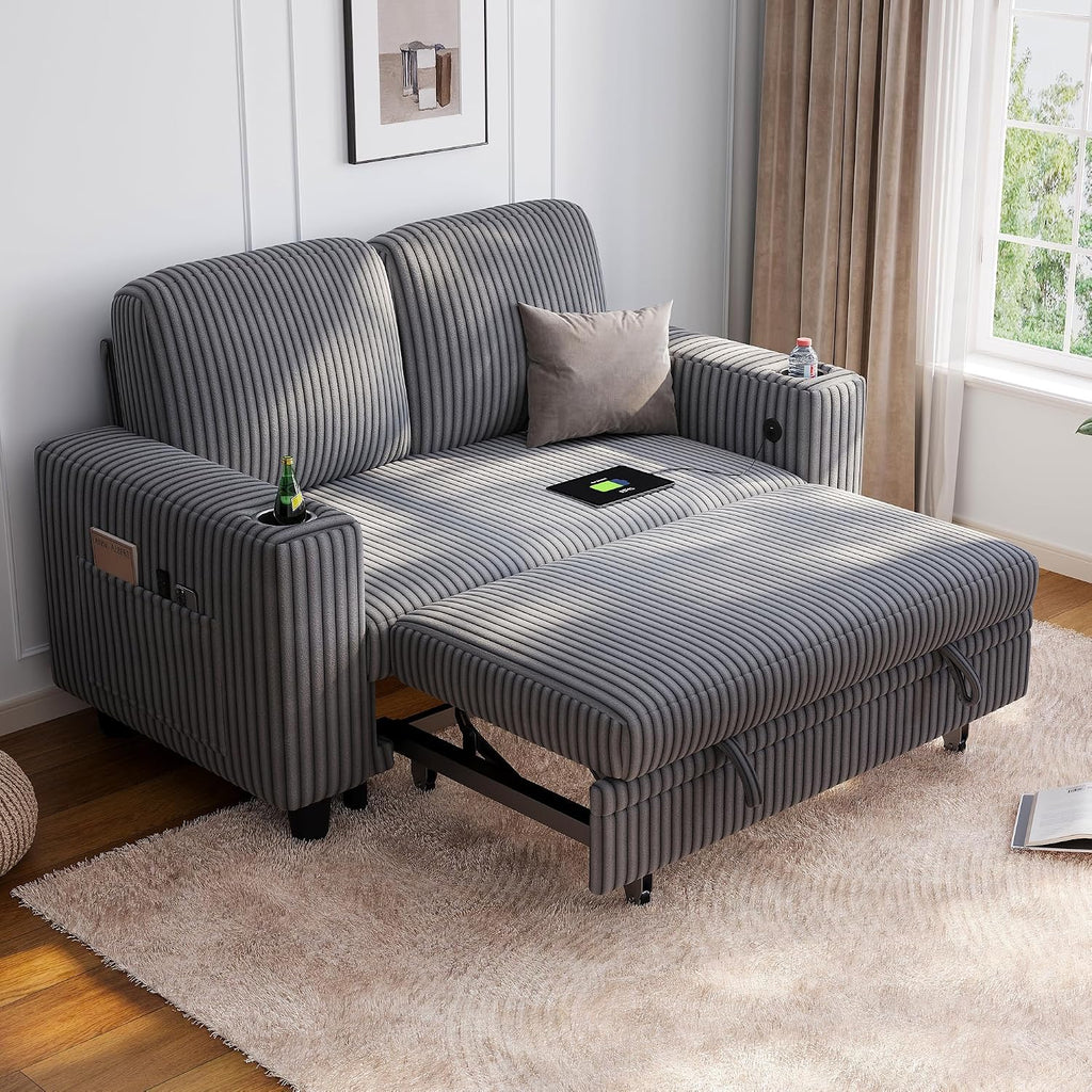 LINSY HOME Pull Out Loveseat Sofa Sectional Sleeper Sofa, Plush Corduroy Love Seat Couch Pullout Modular Sectional Couches for Living Room Apartment Bedroom (Grey)