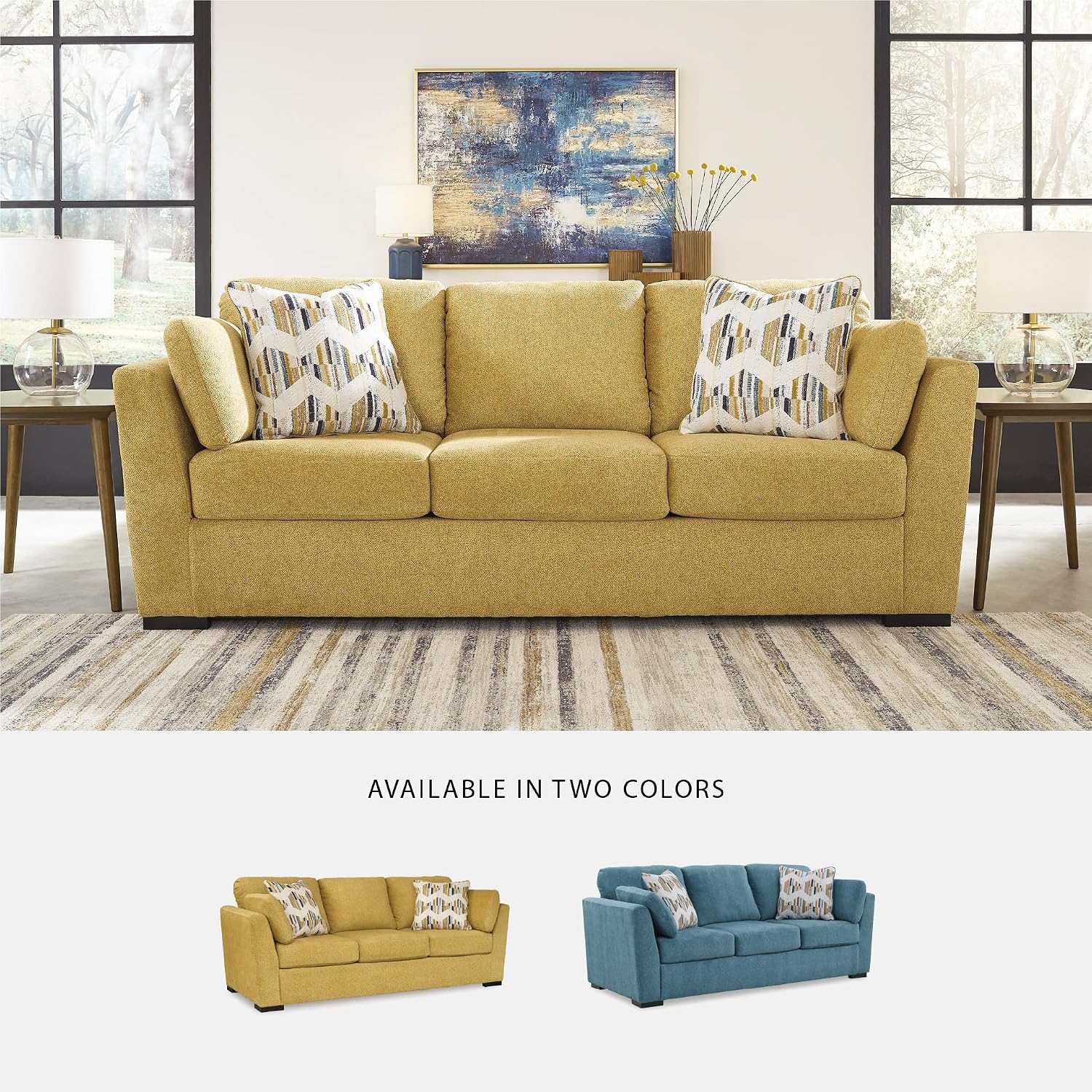 Signature Design by Ashley Keerwick Scandinavian 2-in-1 Sofa Sleeper with Folding Gel Memory Foam Mattress and 4 Pillows, Queen, Yellow