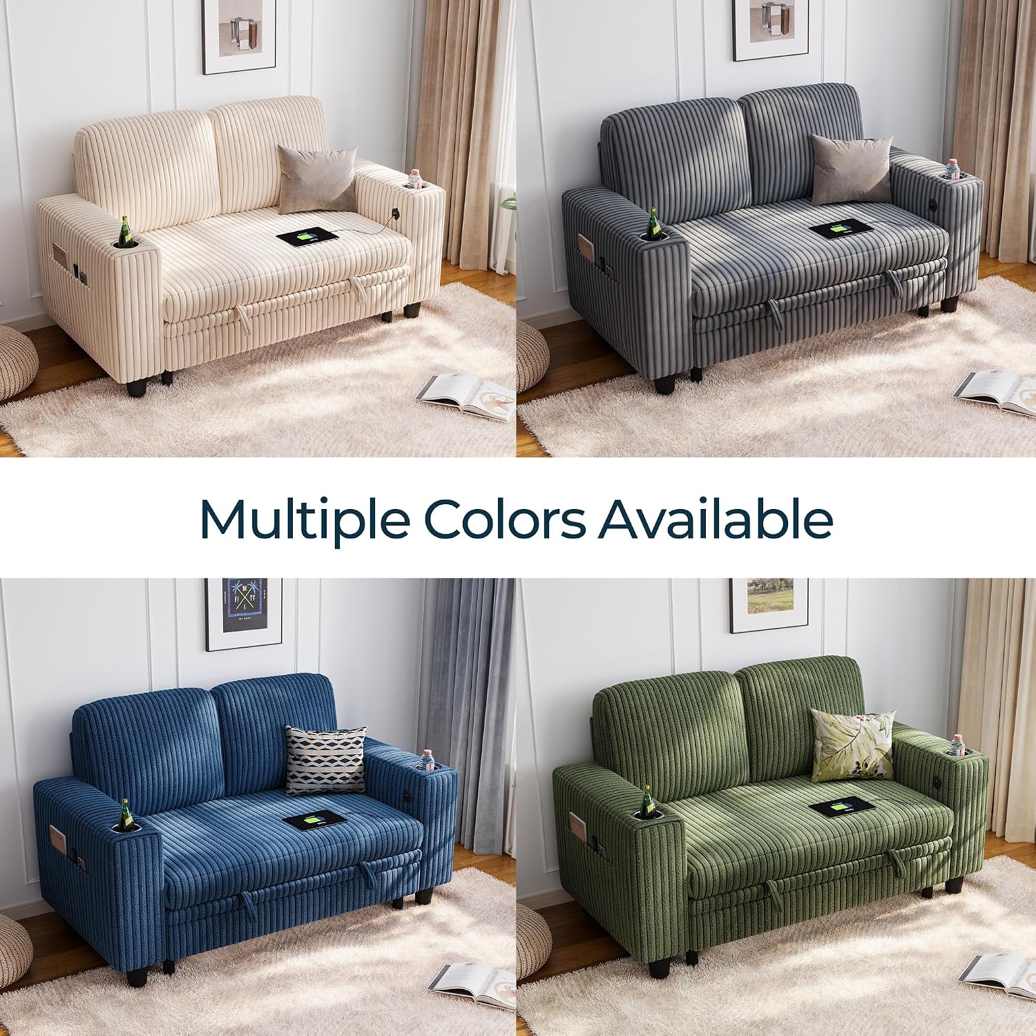 LINSY HOME Pull Out Loveseat Sofa Sectional Sleeper Sofa, Plush Corduroy Love Seat Couch Pullout Modular Sectional Couches for Living Room Apartment Bedroom (Grey)