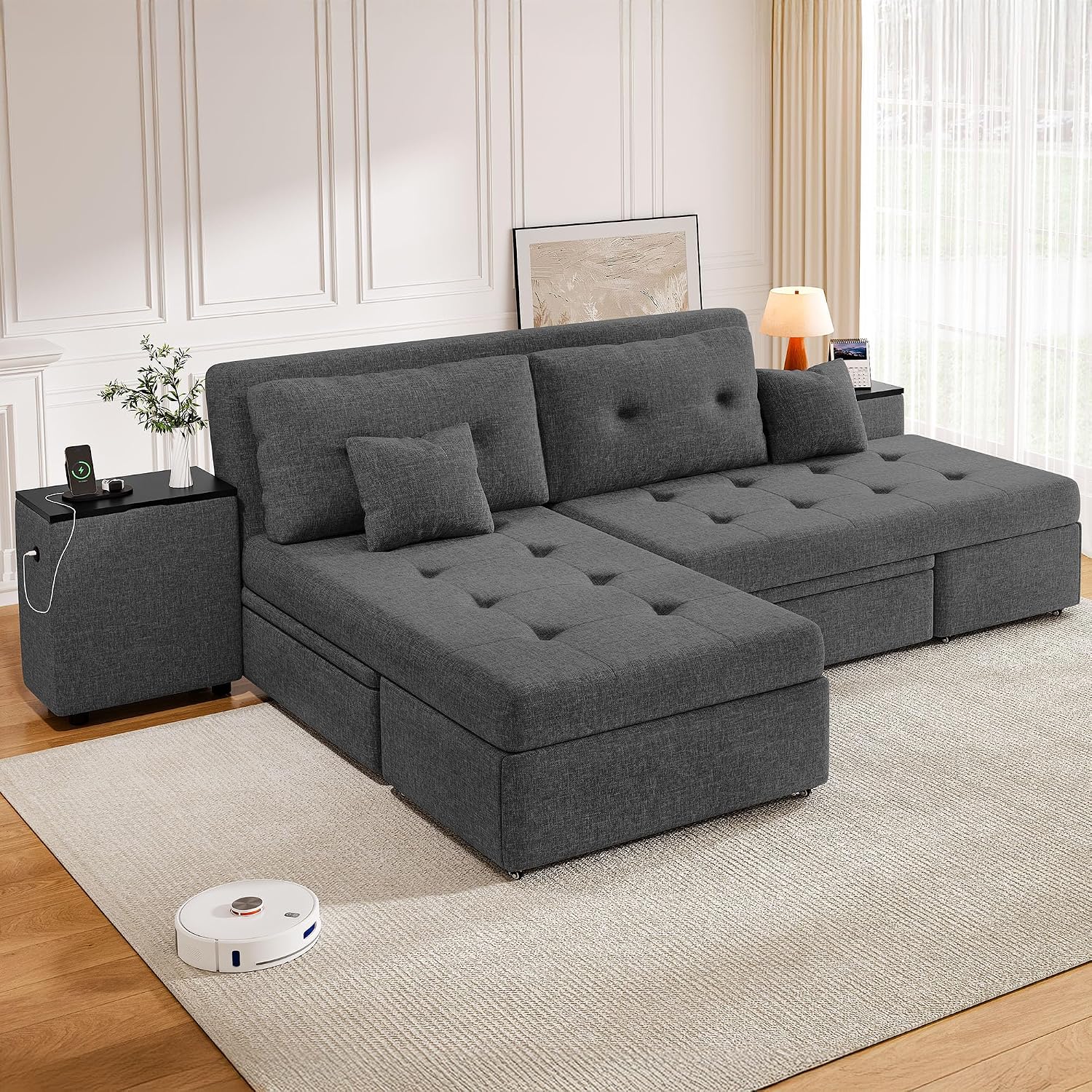 DWVO Queen Size Sofa Bed, 5-in-1 Multi-functional Convertible Sleeper Sofa with 2 Storage Cabinet Nightstand & USB Ports, 100' Sectional Sofa Couch with 2 Comfy Pillows for Living Room Apartment, Grey