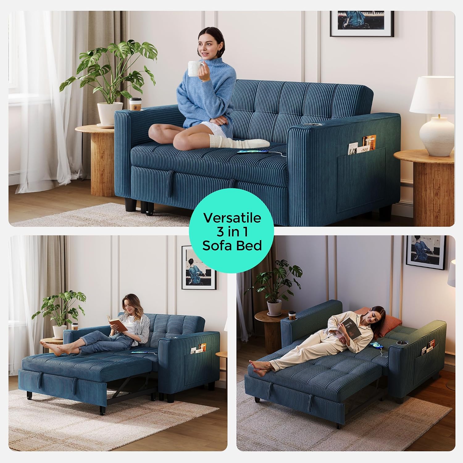 LINSY Sleeper Sofa Bed, 54' Pull Out Couch with Charging Station & Cup Holder, Small 3 in 1 Convertible Loveseat Sleeper Couch for Apartment, Dorm Room, Bedroom and Small Space, Corduroy Blue