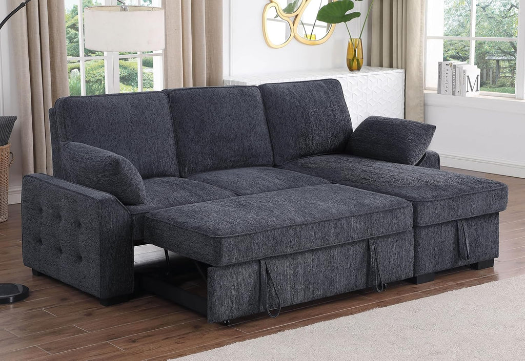 ERYE L-Shaped Pull Out Sleeper Sofa Bed, Modern Chenille Upholstered Button Tufted Corner Reversible Sleeper Sectional Sofa Couch with Storage Chaise, Drop-Down Table, Cup Holders and Charging Ports