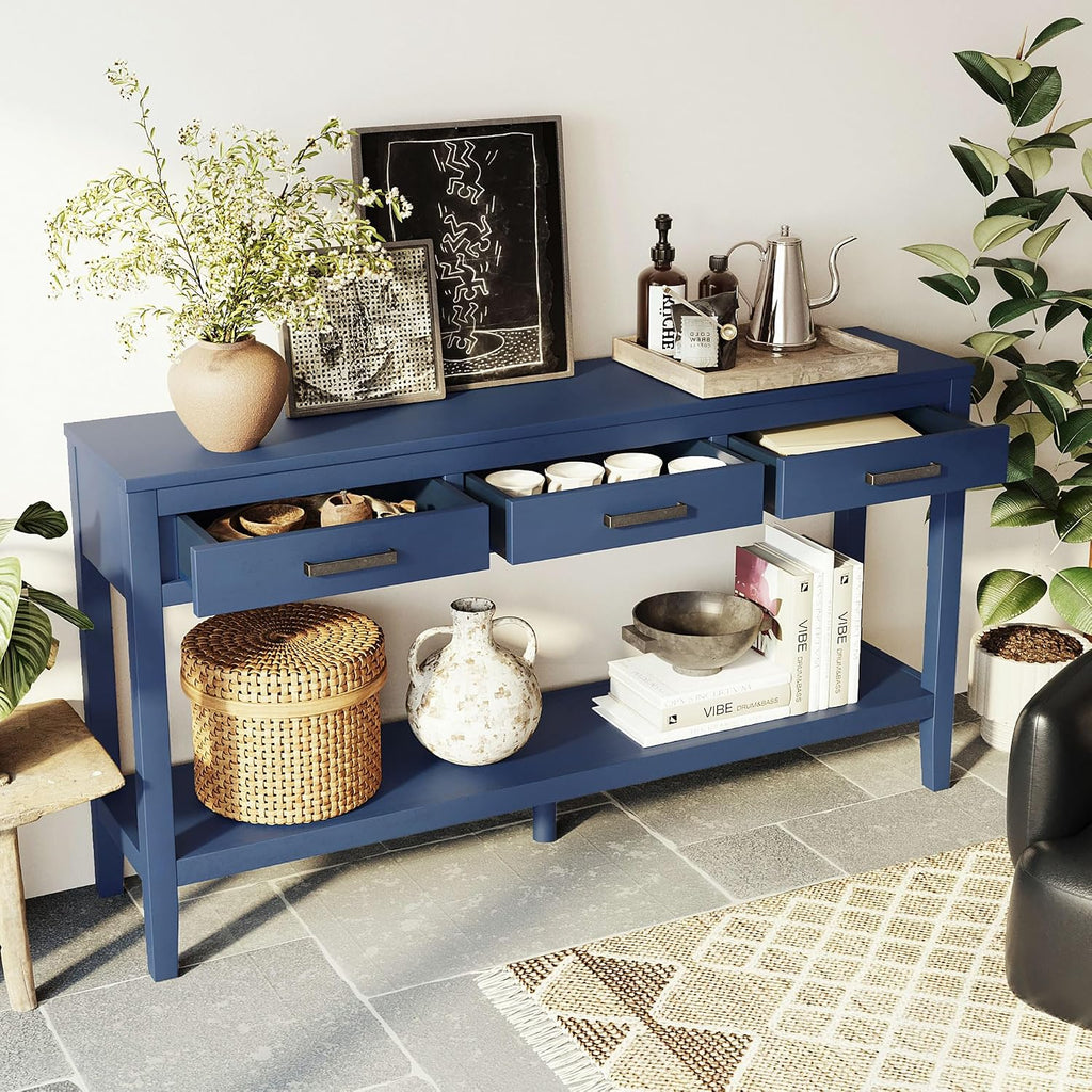 Merax Entryway Console Table, with 3 Storage Drawers, Bottom Shelf Design/Wood Frame/Behind Couch & Sofa, Blue