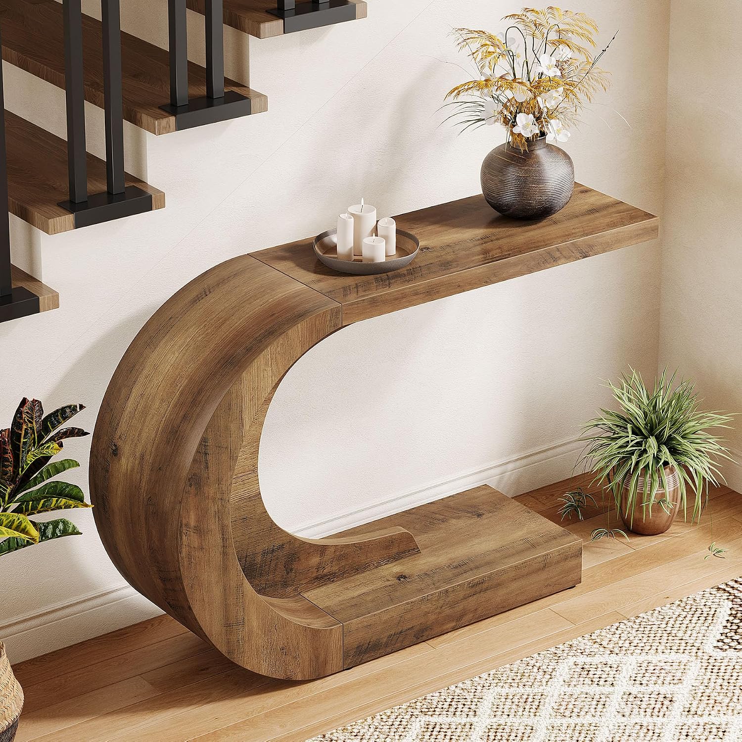Tribesigns 43.3' Mid-Century Modern Console Table for Entryway, Wood C-Shaped Hallway Entry Accent Table for Living Room, Entrance, Foyer, Easy Assembly, Brown
