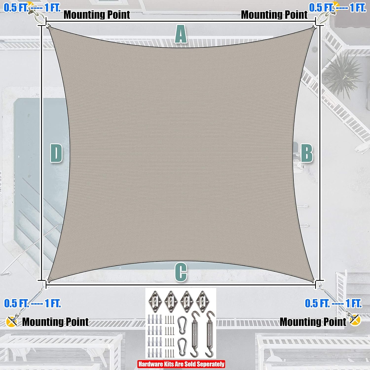 Amgo Custom Size 14' x 20' Grey Rectangle Square Sun Shade Sail UPF50+ AGTAPR1220, Order to Make Canopy Awning, 95% UV Blockage, Water & Air Permeable, Commercial and Residential (We Customize)