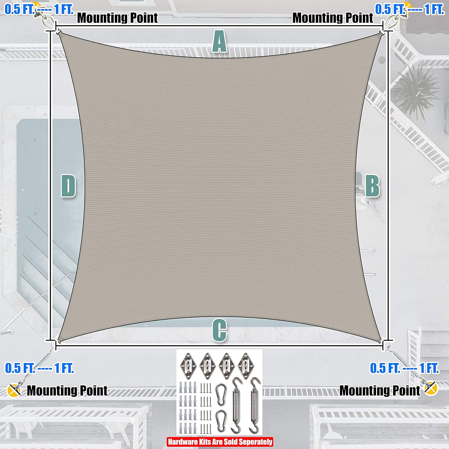 Amgo Custom Size 14' x 20' Grey Rectangle Square Sun Shade Sail UPF50+ AGTAPR1216, Order to Make Canopy Awning, 95% UV Blockage, Water & Air Permeable, Commercial and Residential (We Customize)