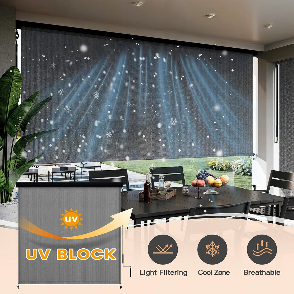VICLLAX Premium Outdoor Roller Shade, 220GSM 95% Patio Cordless Blinds with Aluminum Valance (7' W X 8' L), Anthracite