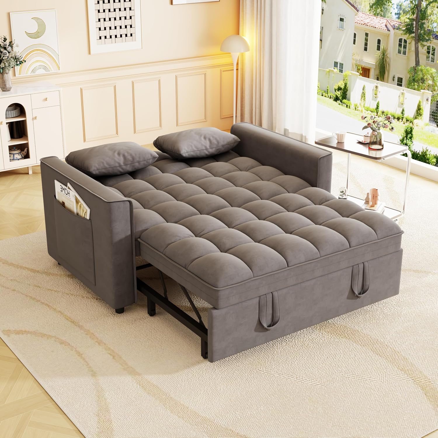 KEIKI 2-Seat Velvet Sofa Bed w/Adjustable Backrest & Side Pockets, Cloud Chair for Living Room, Multifunctional Pull Out Bed – Dark Gray