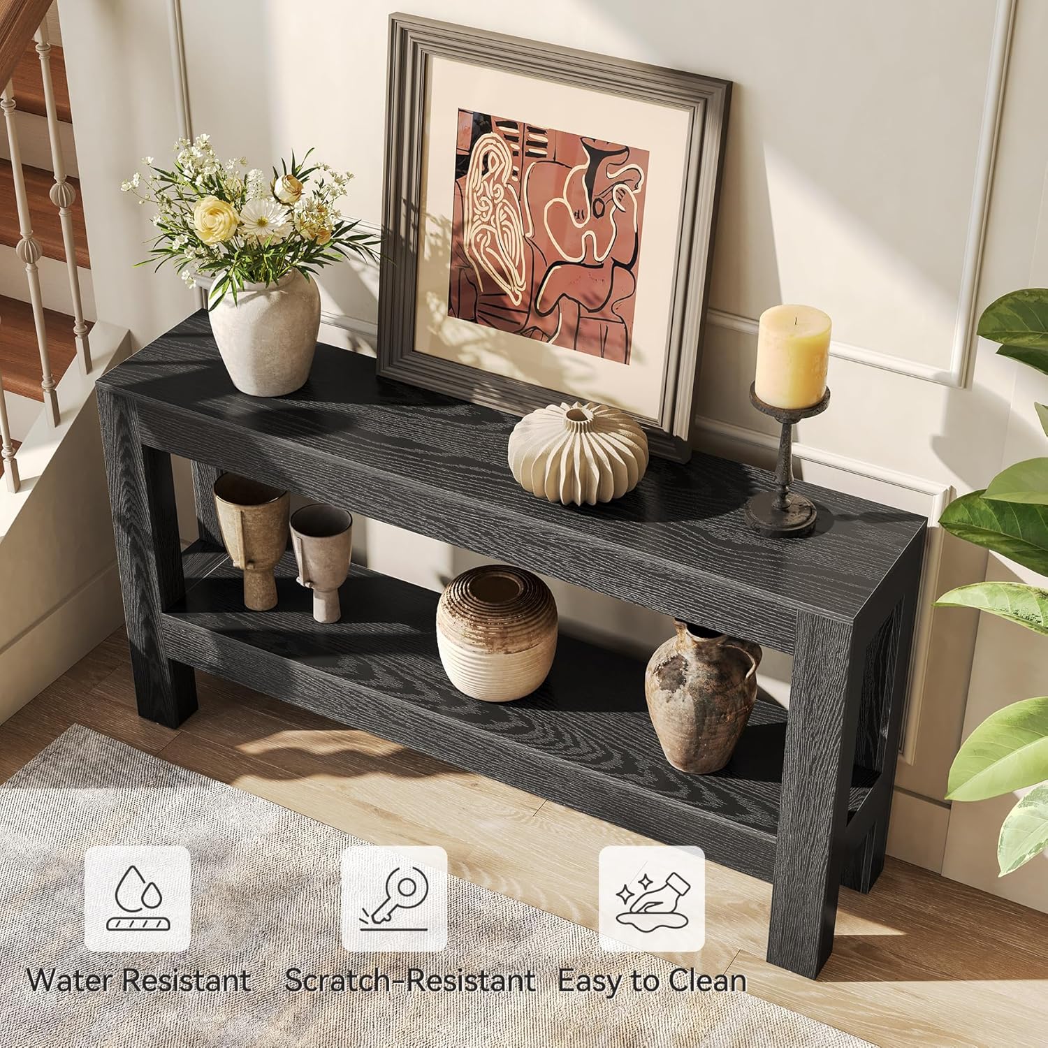 LITTLE TREE 63-Inch Black Console Table for Entryway, Narrow Long Wooden Entry Table for Living Room, Hallway, Sofa, Entrance, Foyer, Behind Couch with 2-Tier Storage Shelves