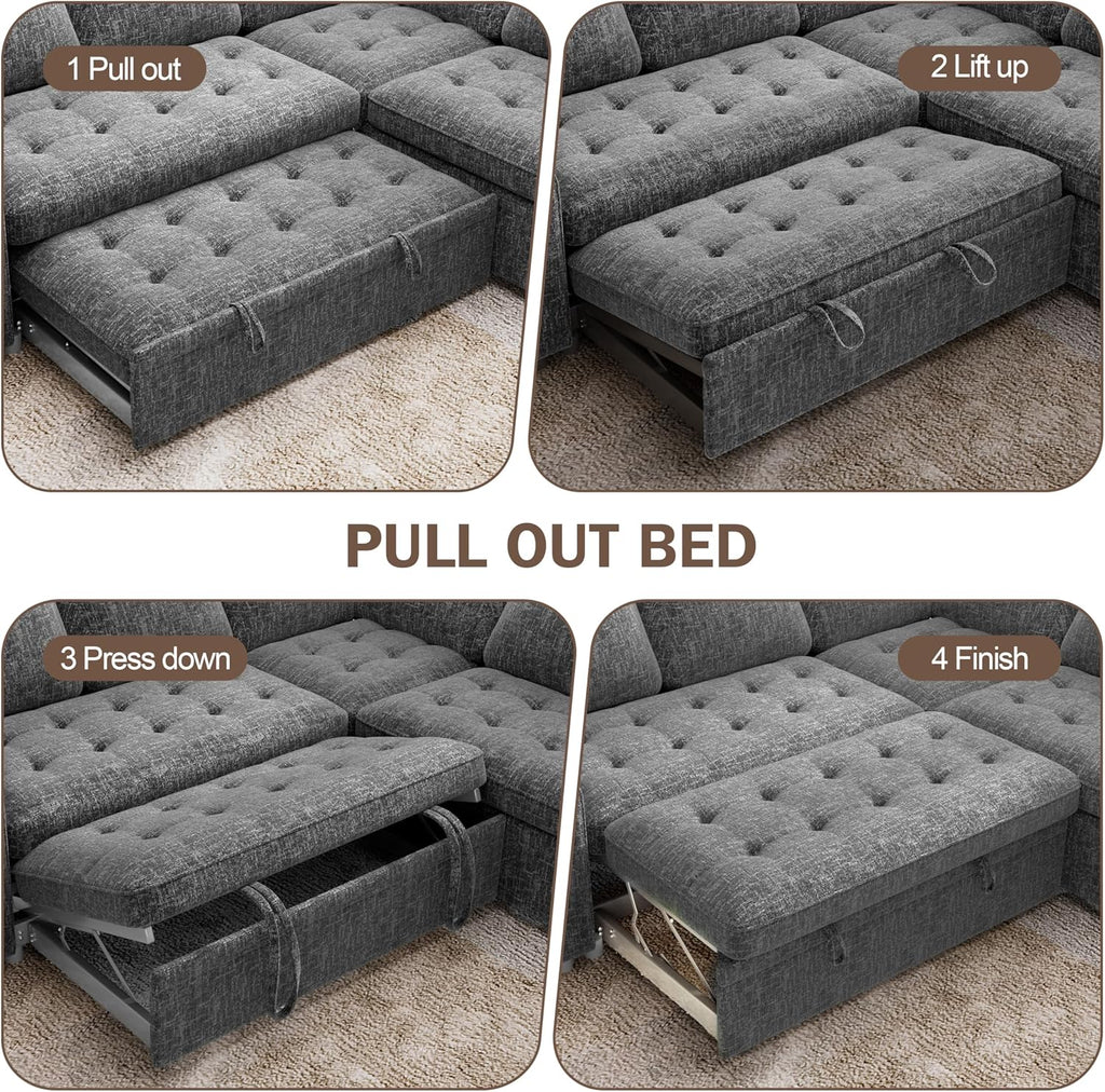 Sunny Heart Modular Sectional Sleeper Sofa with Pull Out Bed, Chenille L Shaped Sectional Sofa with USB Ports/Adjustable Backrest/Storage Seats, Tool-Free Assembly, Couches for Living Room Dark Grey