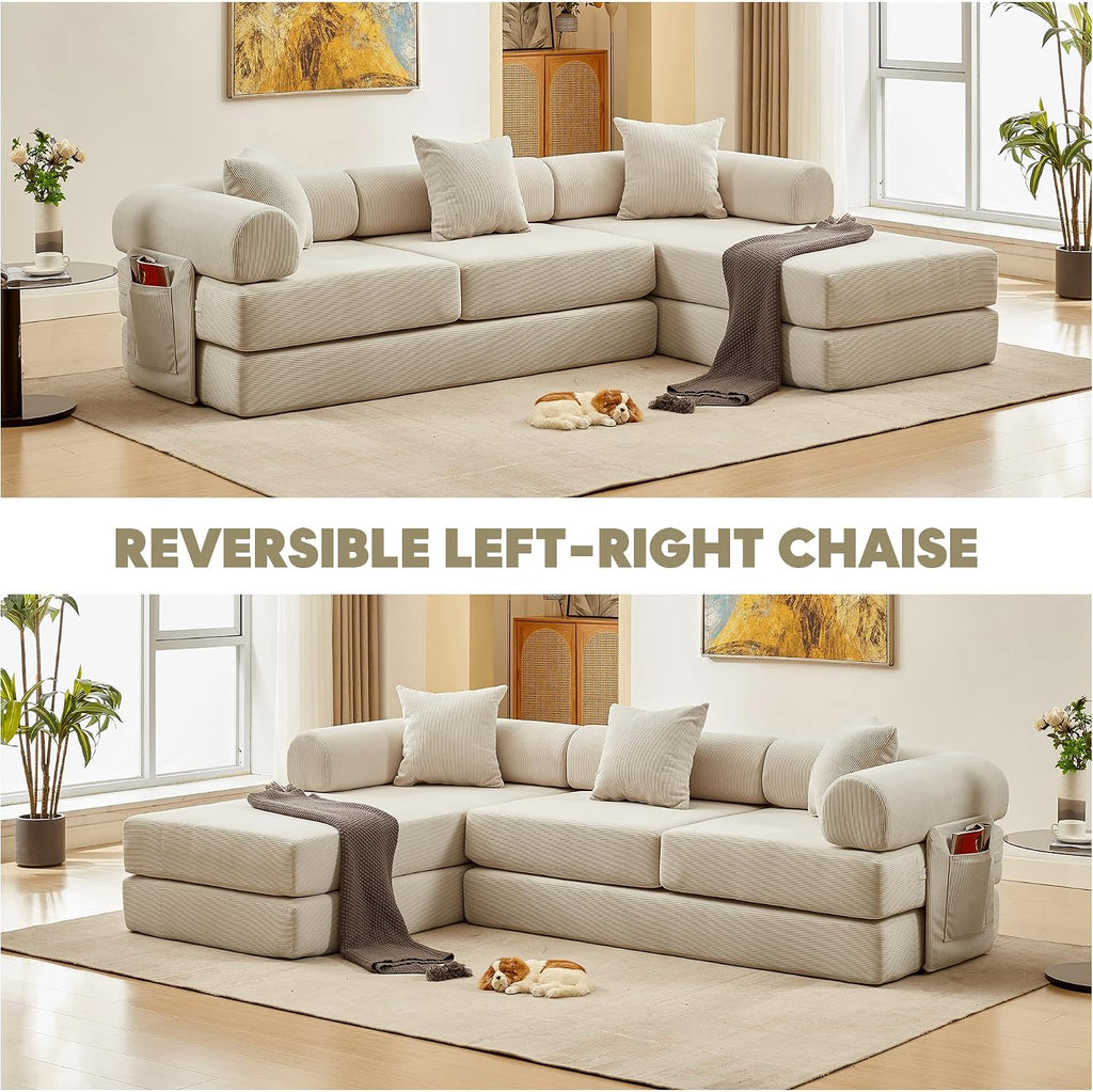 L Shaped Modular Sofa Bed with Cylindrical Pillow & Reversible Chaise, Corduroy Folding Floor Convertible Sofa Couch Bed with Fixed-Shape Frame & Storage Pocket for Living Room, Beige