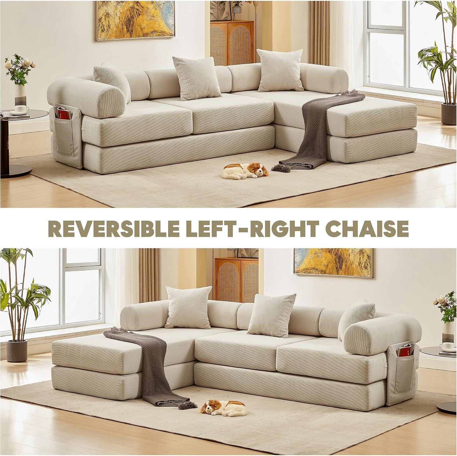 L Shaped Modular Sofa Bed with Cylindrical Pillow & Reversible Chaise, Corduroy Folding Floor Convertible Sofa Couch Bed with Fixed-Shape Frame & Storage Pocket for Living Room, Beige