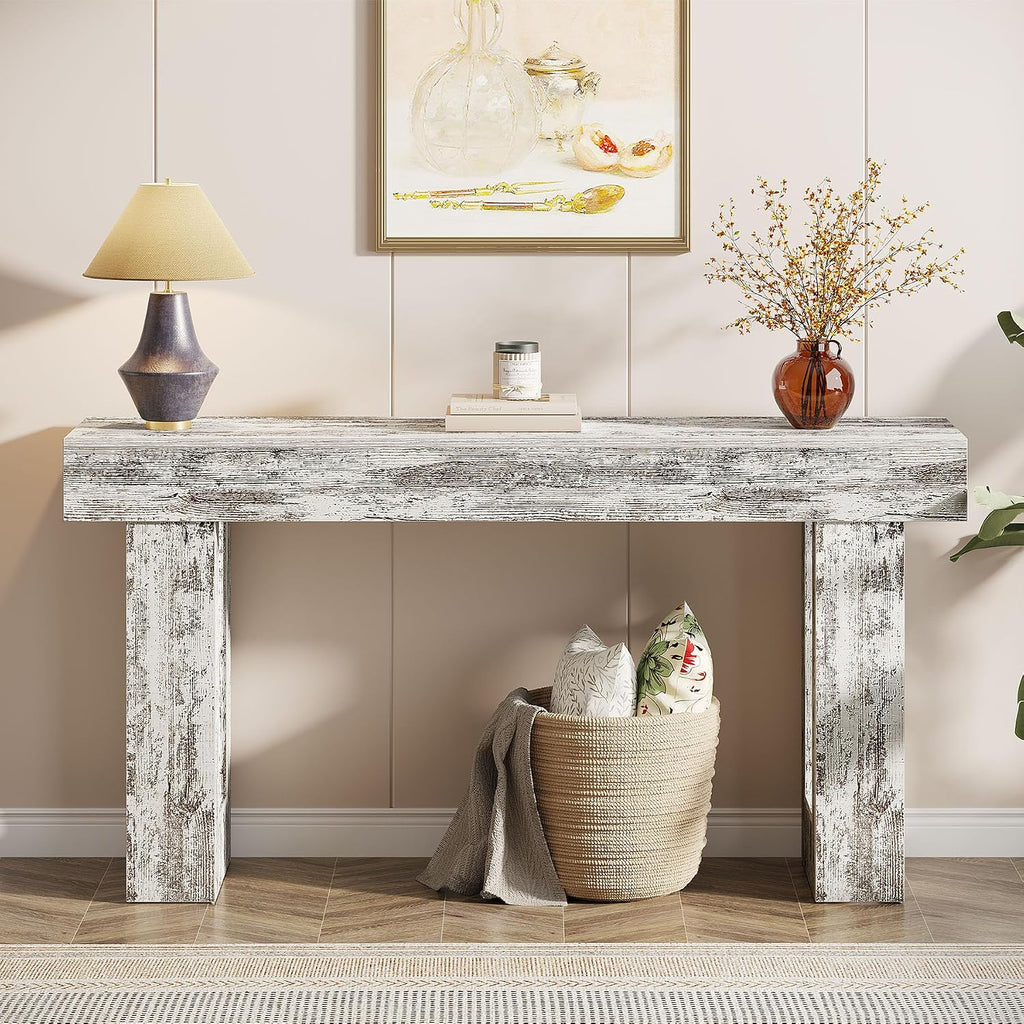 Tribesigns 63-Inch Long Console Table, Wooden Rectangular Sofa Table Behind The Couch, Farmhouse Entryway Table for Entrance, Hallway, Living Room (Distressed White)