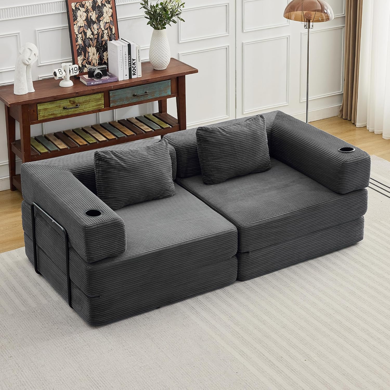 78' Loveseat Sleeper Sofa, 4 in 1 Convertible Floor Sofa Bed, Boneless Cloud Couch with Cup Holder, Fold Out Floor Couch for Living Room Bedroom Lounge, Corduroy, Dark Grey