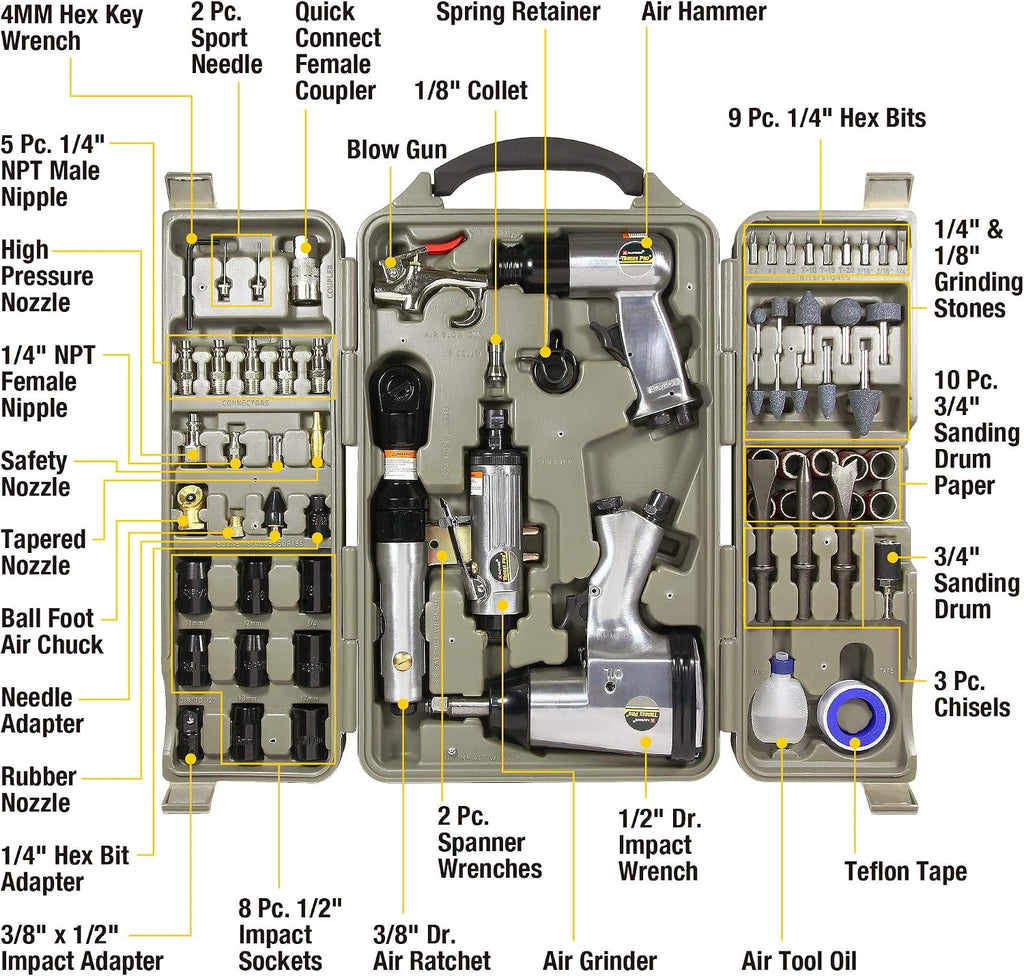 Trades Pro Air Tool and Accessories Kit, 71 Piece, Impact Wrench, Air Ratchet, Die Grinder, Aire Hammer, Hose Fittings, Storage Case - 836668