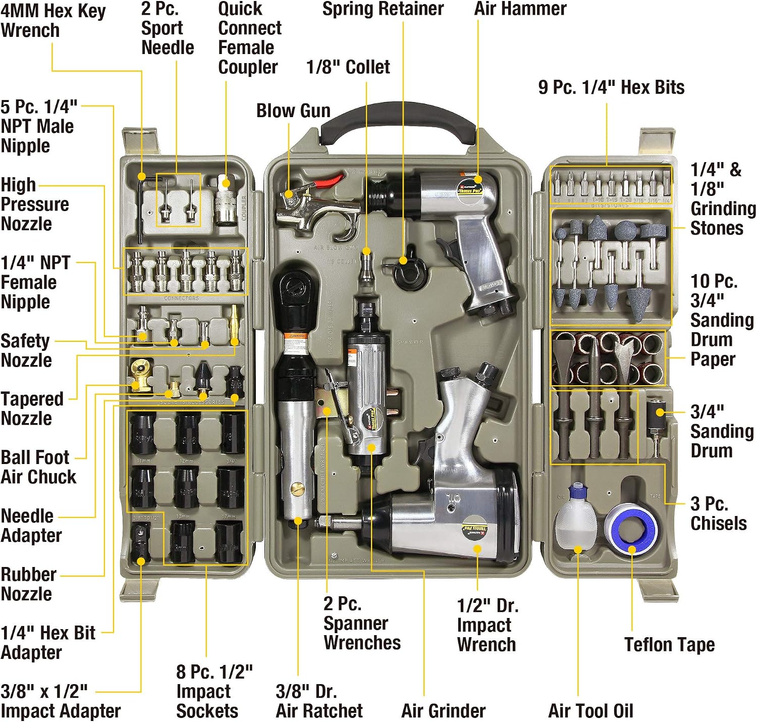 Trades Pro Air Tool and Accessories Kit, 71 Piece, Impact Wrench, Air Ratchet, Die Grinder, Aire Hammer, Hose Fittings, Storage Case - 836668