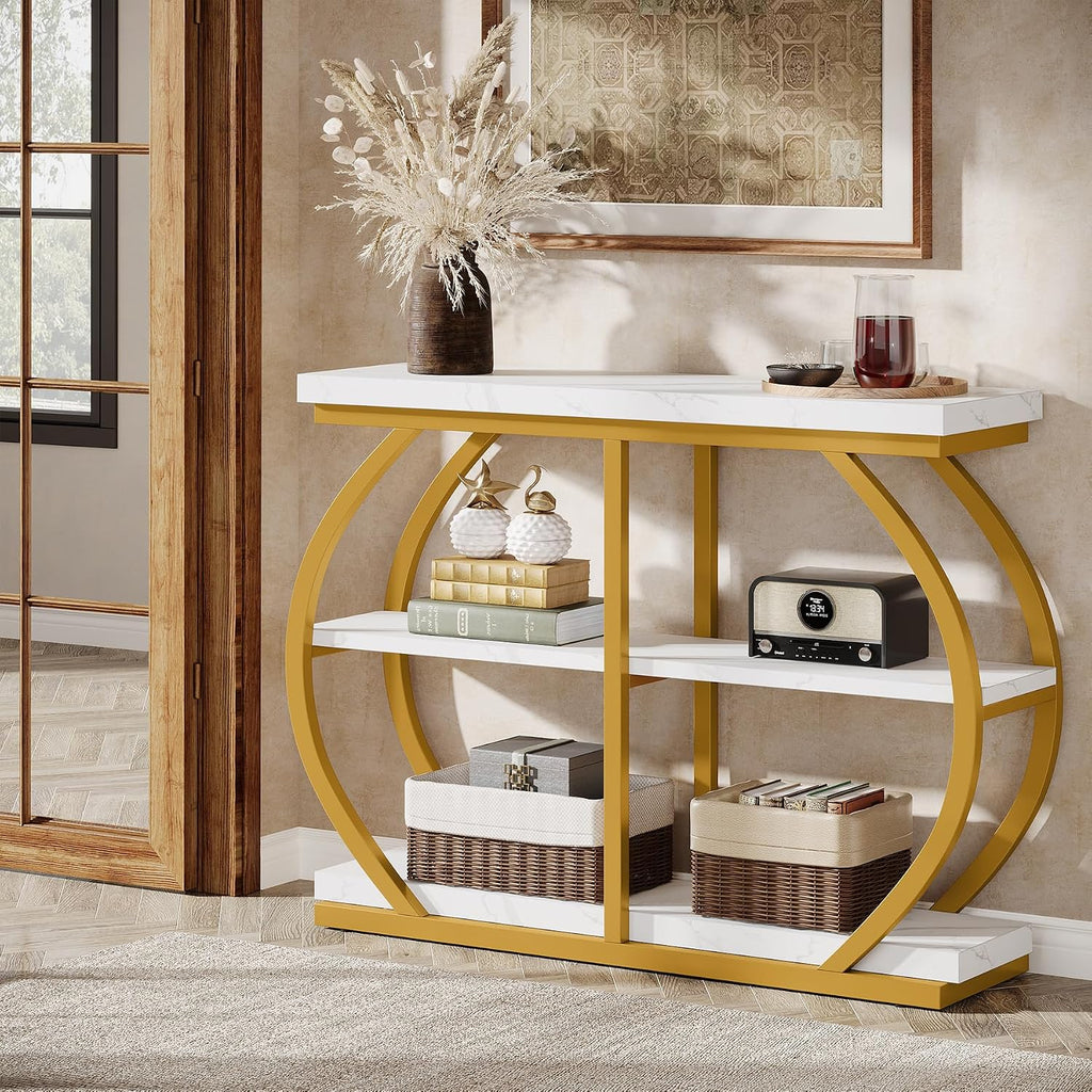 Tribesigns 41.3' Console Table, Industrial 3-Tier Entryway Table with Arched Metal Frame and Storage Shelves for Living Room, Hallway, White Gold