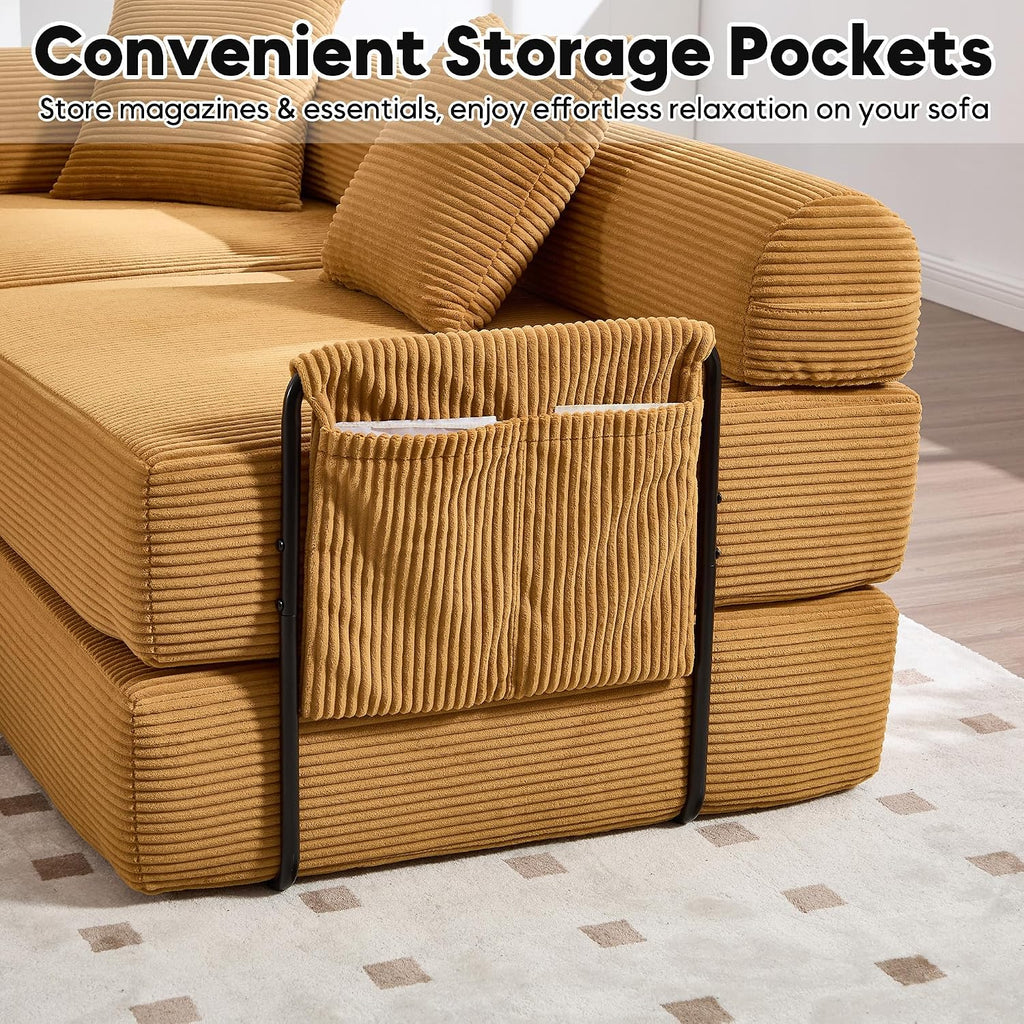 Oversized Modular Cloud Couch for Living Room, Corduroy L-Shaped Sectional Sleeper Sofa Bed with Fixed-Shape Frame, Modern Boneless Couch with Pillows & Storage, Yellow
