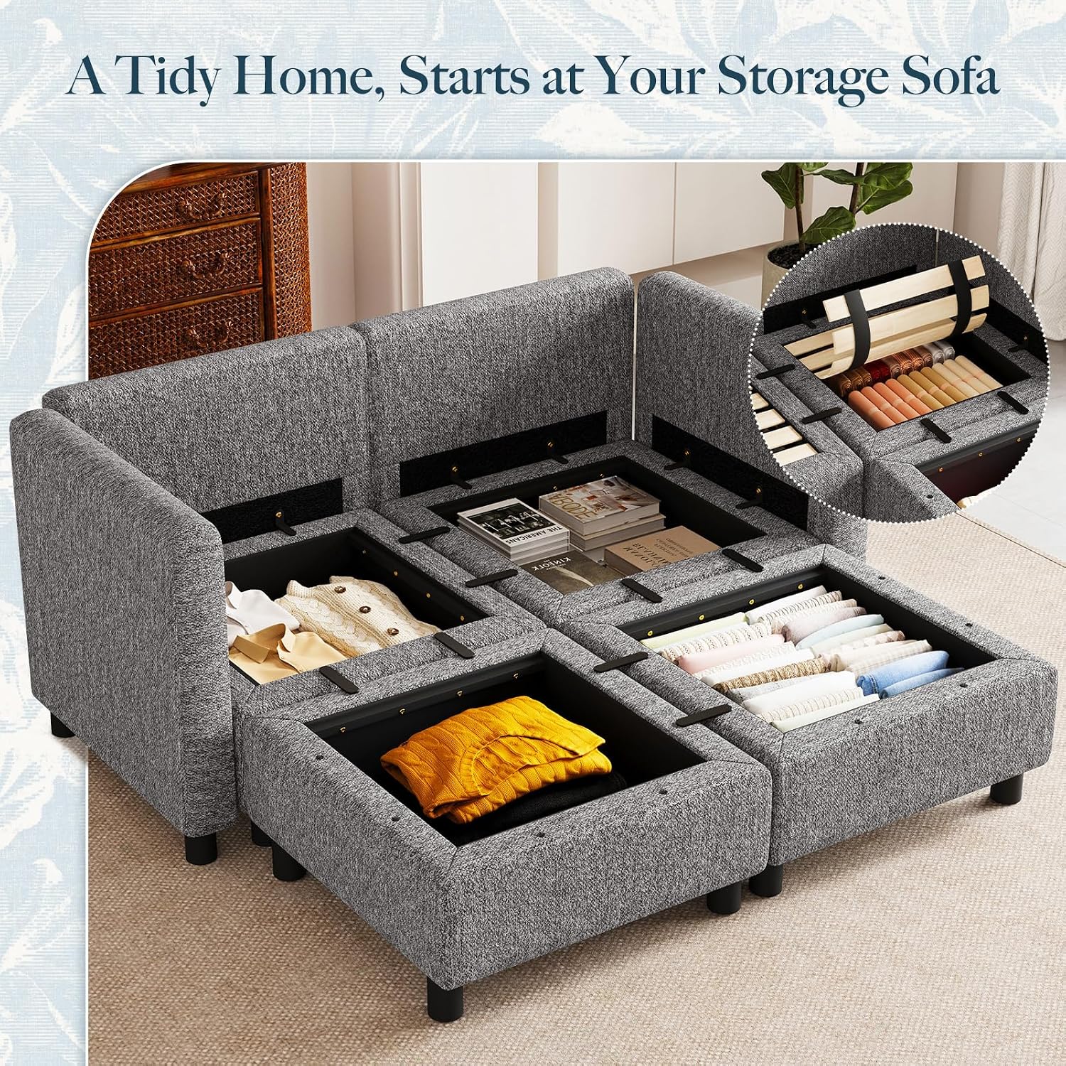 Belffin 58.3' Modular Sectional Sofa 4 Seats Sleeper Sofa Washable Sectional Couches for Living Room Comfy Couches with Storage Seat Couch Sofas with Chaise,Grey