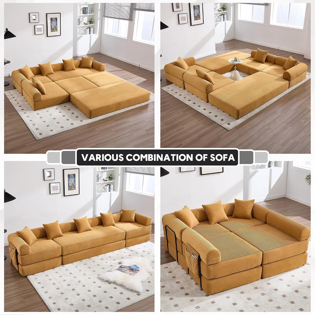 Oversized Modular Cloud Couch for Living Room, Corduroy L-Shaped Sectional Sleeper Sofa Bed with Fixed-Shape Frame, Modern Boneless Couch with Pillows & Storage, Yellow