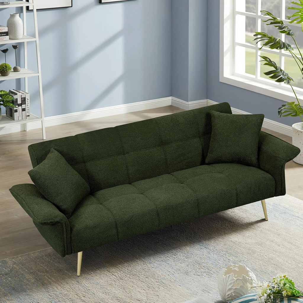 70 inch Upholstered Teddy Fleece Sofabed with Adjustable Arms and Backrest,Modern Convertible Futon Couch W/Metal Legs & Pillows,Love Sofa for Living Room,Bedroom,Apartment,Green, 70'