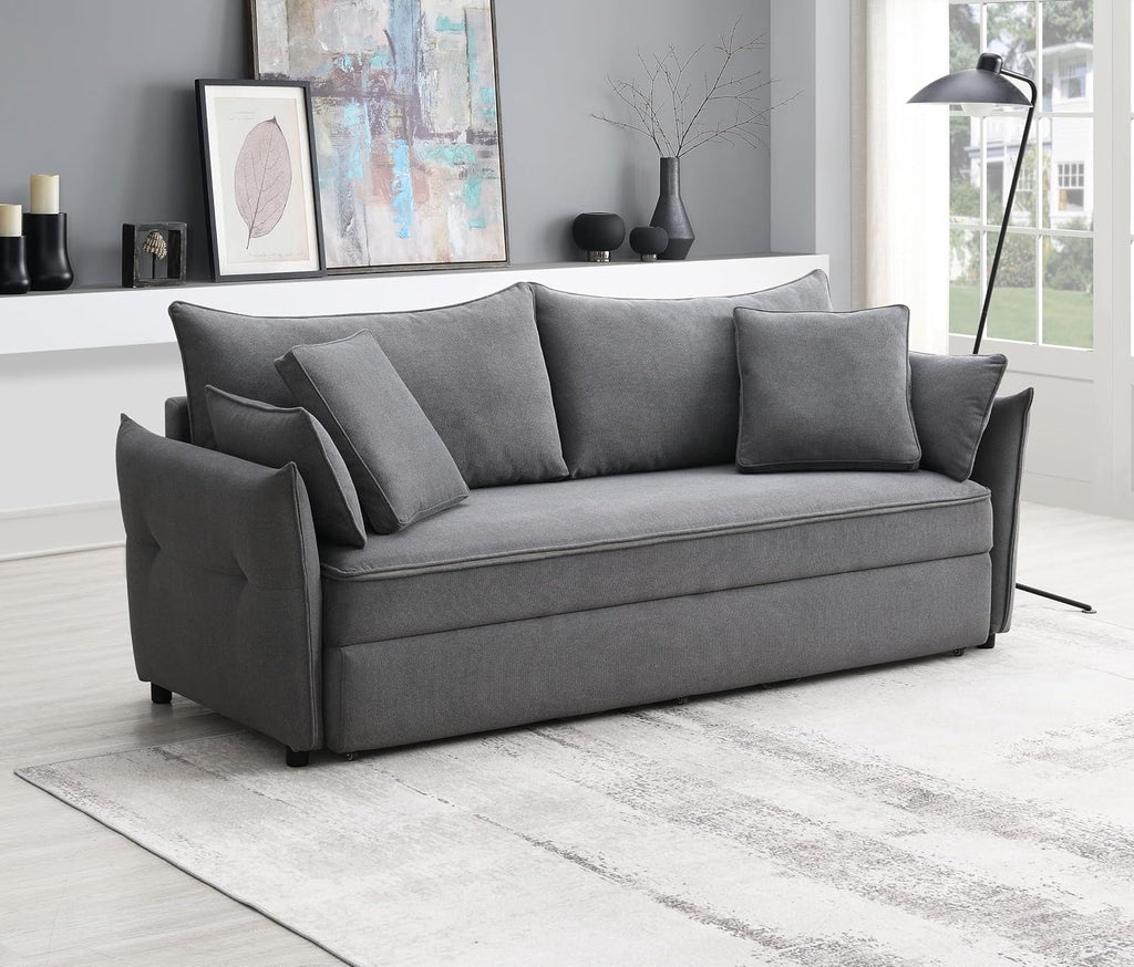 Acme Irina Fabric Upholstered Sofa with Pull-Out Sleeper and 4 Pillows in Gray