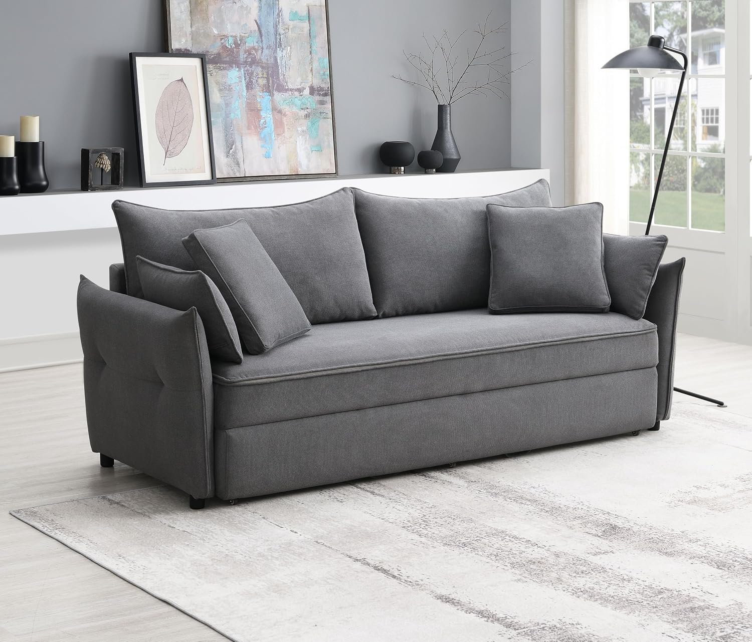 Acme Irina Fabric Upholstered Sofa with Pull-Out Sleeper and 4 Pillows in Gray