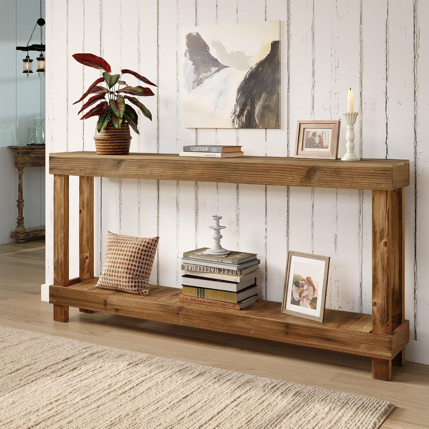 Rustic Farmhouse Console Table with 2 Tiers - Distressed Reclaimed Wood Entryway Sofa Table, Narrow Long Behind Couch Table for Living Room & Bedroom,60x30x10 Inch,Natural Wood(Oak)