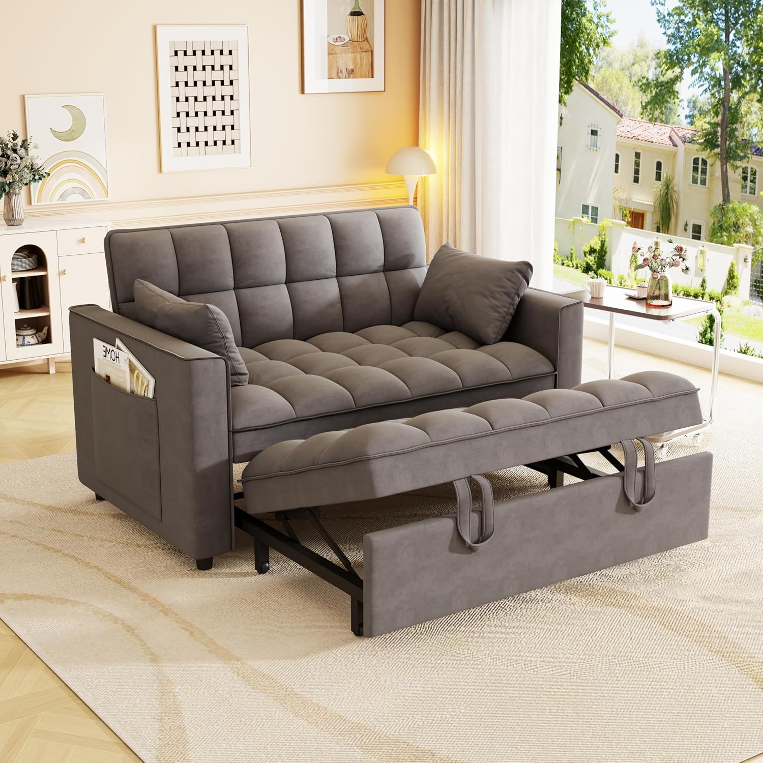 KEIKI 2-Seat Velvet Sofa Bed w/Adjustable Backrest & Side Pockets, Cloud Chair for Living Room, Multifunctional Pull Out Bed – Dark Gray
