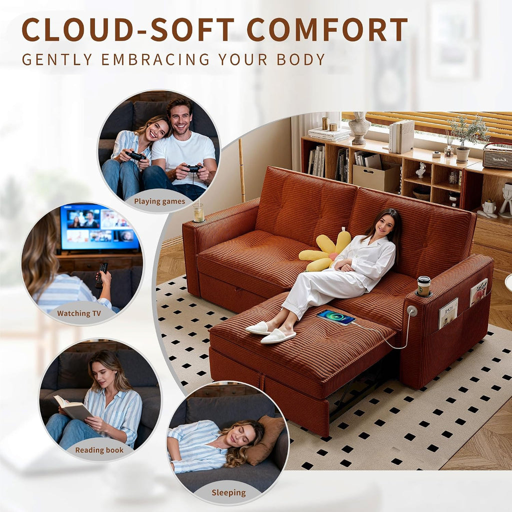 73' Queen Size Sofa Bed, Loveseat Sleeper Sofa with Pull Out Bed, Pockets and USB, Modern 2 Seater Convertible Small Couch for Living Room Bedroom Apartment (Orange, Corduroy)