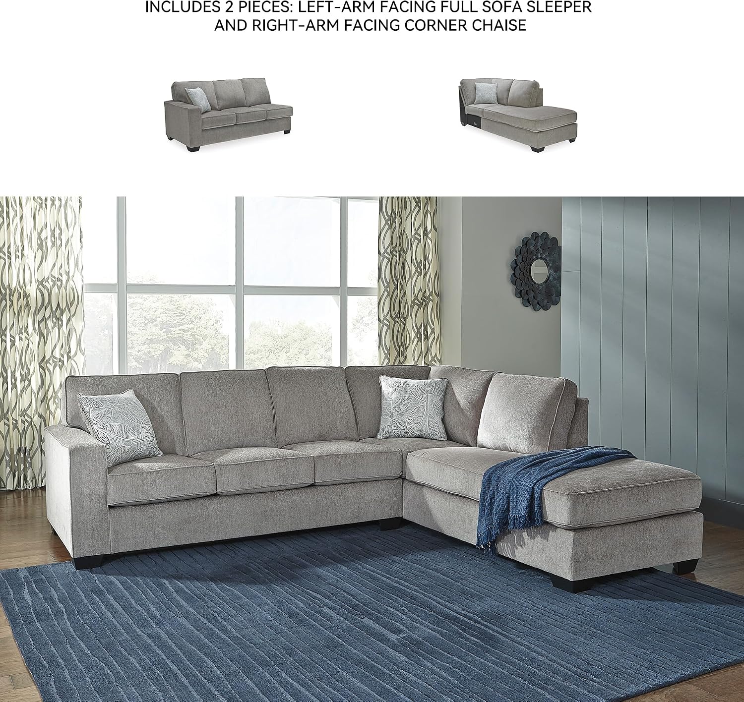 Signature Design by Ashley Altari Urban Right-Arm Facing 2-Piece Sleeper Sectional with Chaise, Loose Seat Cushions, 2 Throw Pillows and Bi-Fold Memory Foam Mattress, Full, Light Gray