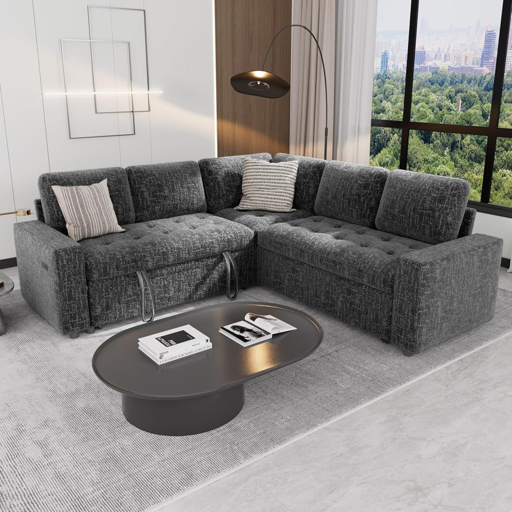 Sunny Heart Modular Sectional Sleeper Sofa with Pull Out Bed, Chenille L Shaped Sectional Sofa with USB Ports/Adjustable Backrest/Storage Seats, Tool-Free Assembly, Couches for Living Room Dark Grey