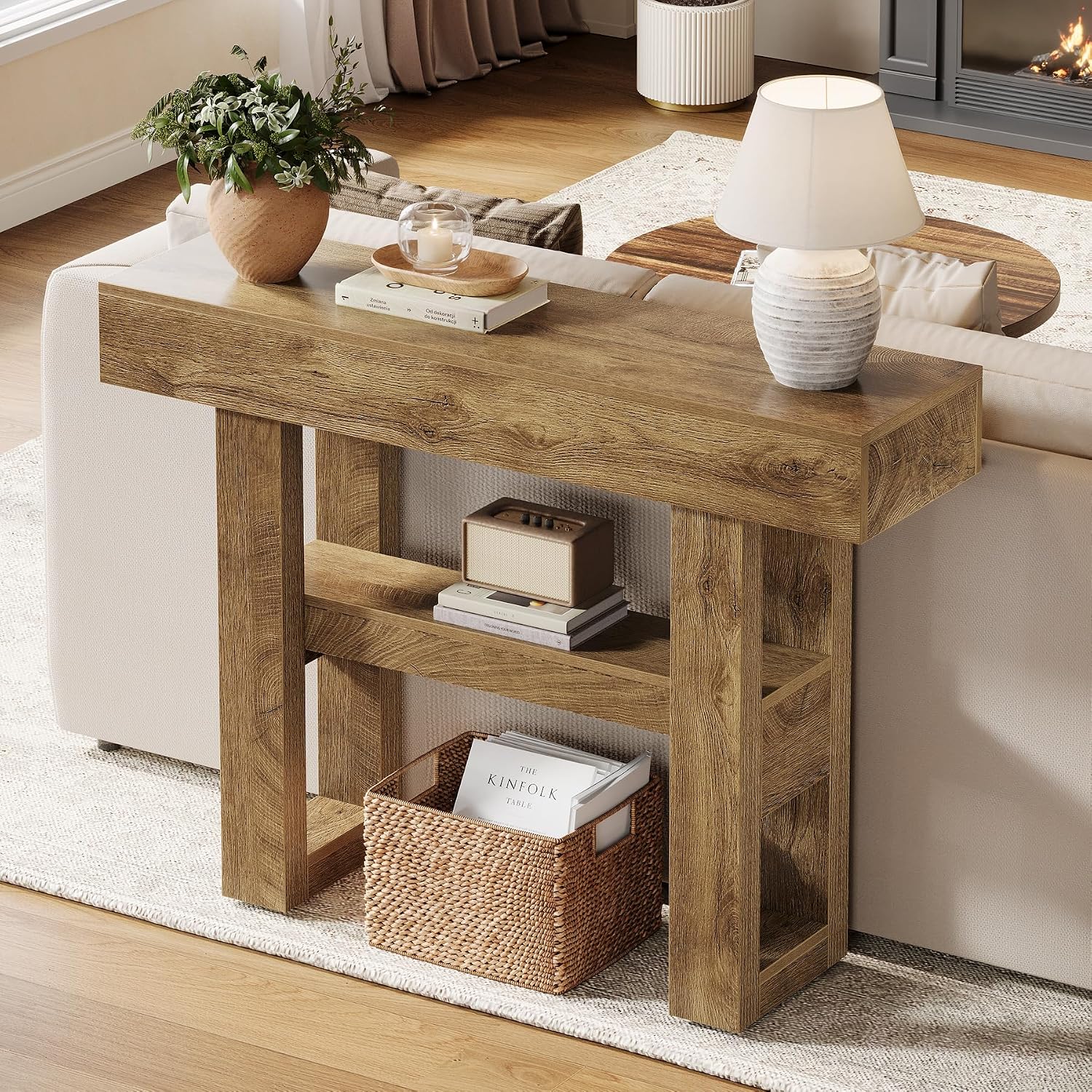 Tribesigns 41.34-Inch Farmhouse Console Table, 2-Tier Narrow Sofa Table Behind The Couch, Entryway Furniture with Storage Shelves for Hallway Foyer Living Room, Light Brown
