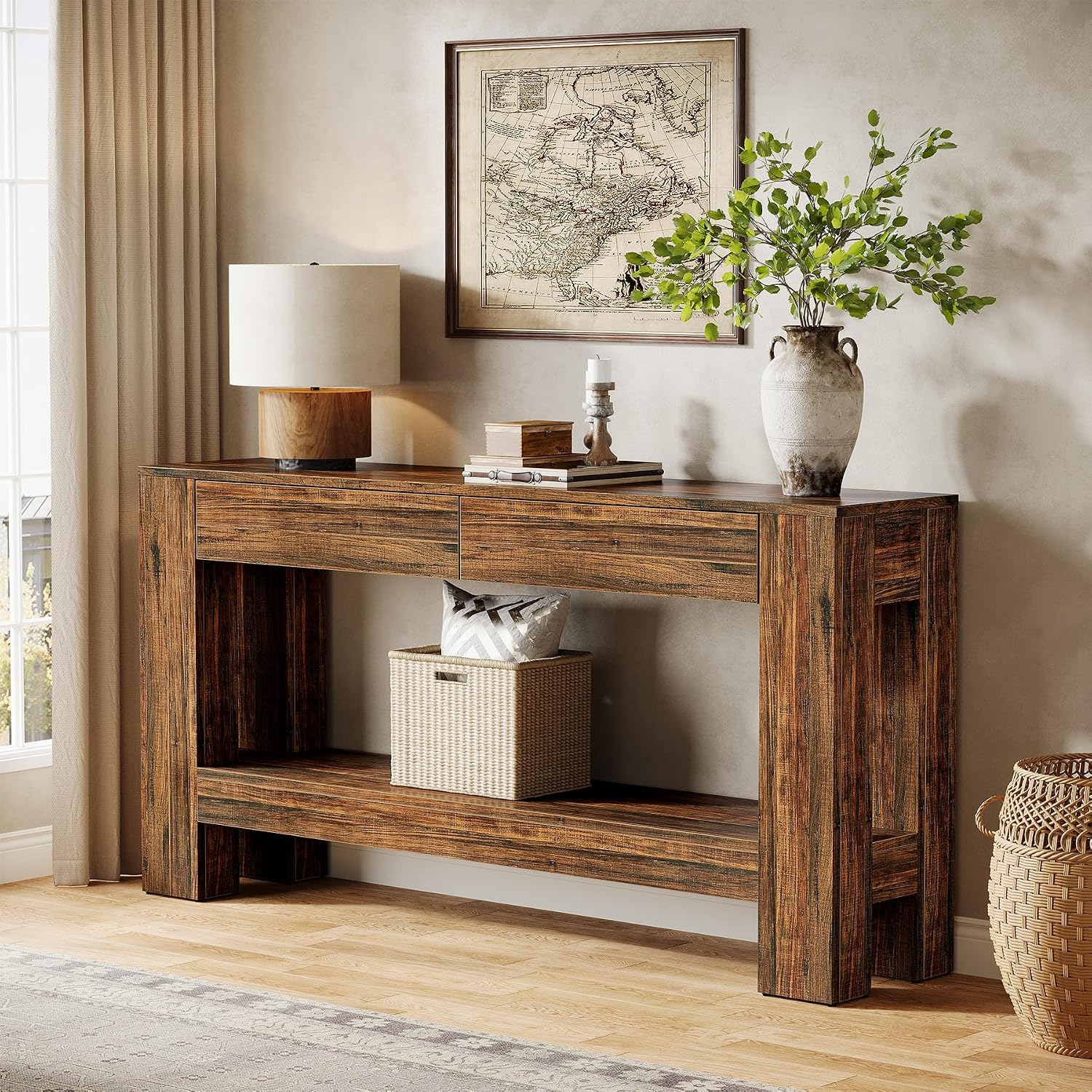 Tribesigns 63-Inch Console Table with 2 Drawers, 2-Tier Wooden Sofa Table Behind Couch, Farmhouse Entryway Console with Storage Shelf for Living Room, Entrance, Hallway (Dark Brown)