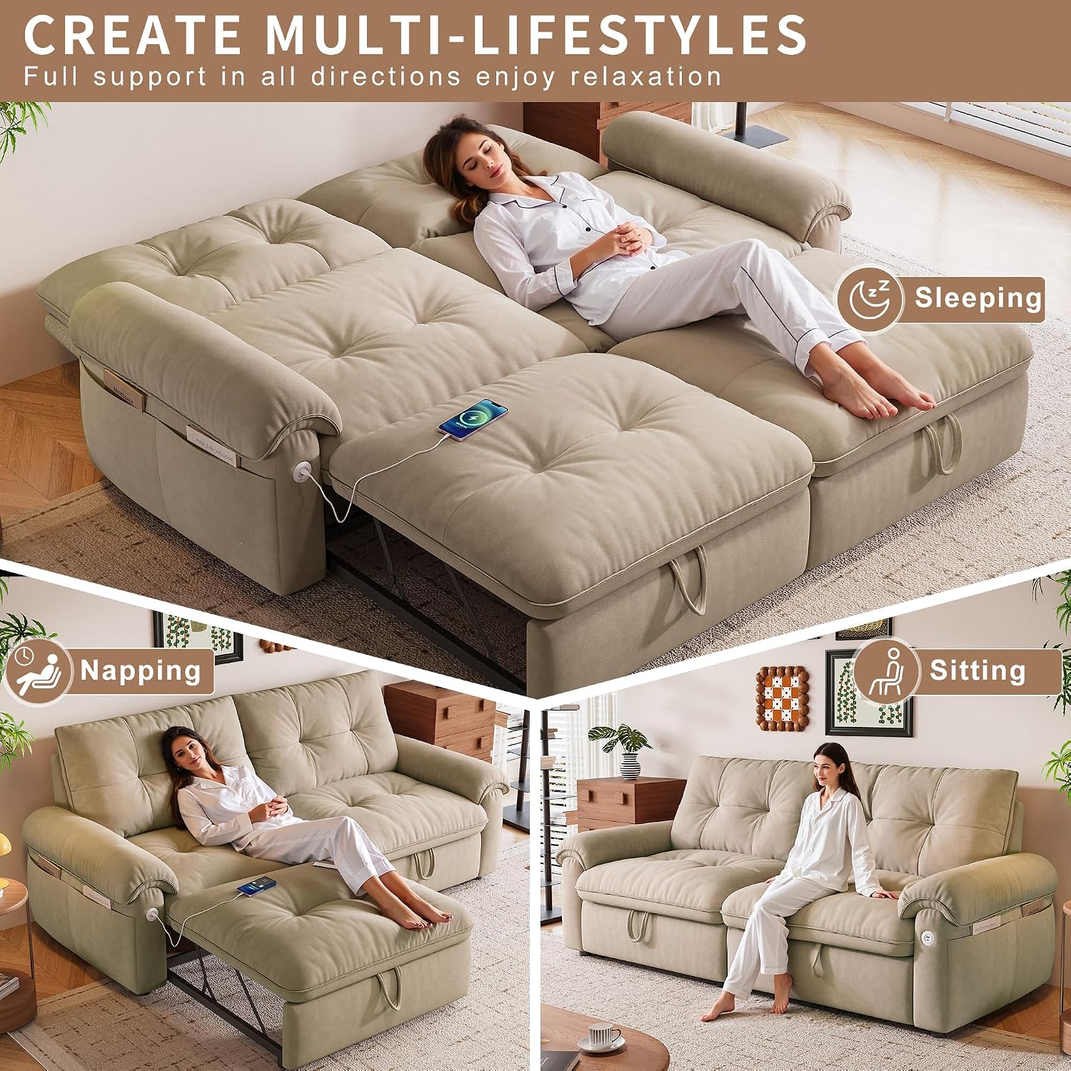 77' Queen Size Sofa Bed, Loveseat Sleeper Sofa with Pull Out Bed, Pockets and USB, Modern 2 Seater Convertible Small Couch for Living Room Bedroom Apartment, Brown