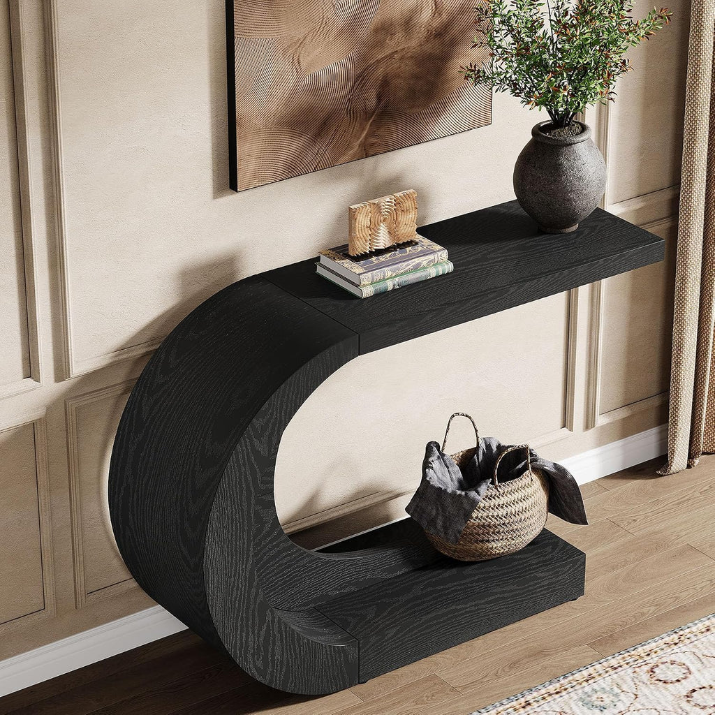 Tribesigns 43.3' Farmhouse Console Table for Entryway, Unique C-Shaped Rustic Sofa Table Behind Couch with Storage for Living Room, Hallway, Entry, Entrance, Foyer, Easy Assembly, Black