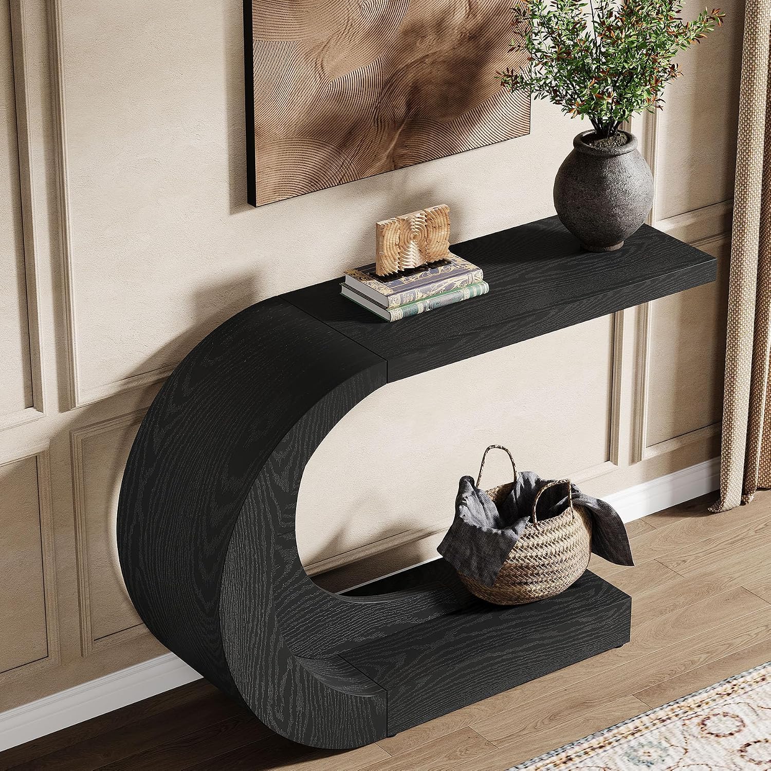 Tribesigns 43.3' Farmhouse Console Table for Entryway, Unique C-Shaped Rustic Sofa Table Behind Couch with Storage for Living Room, Hallway, Entry, Entrance, Foyer, Easy Assembly, Black
