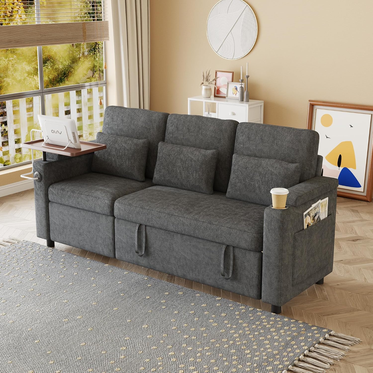 Sectional Sleeper Sofa with Pull Out Couch and Reclining Chair, Modern 3-in-1 Convertible Sleeper Sectional Couch that Turns Into Bed with Cup Holder, Laptop Table and USB Port for Living Room