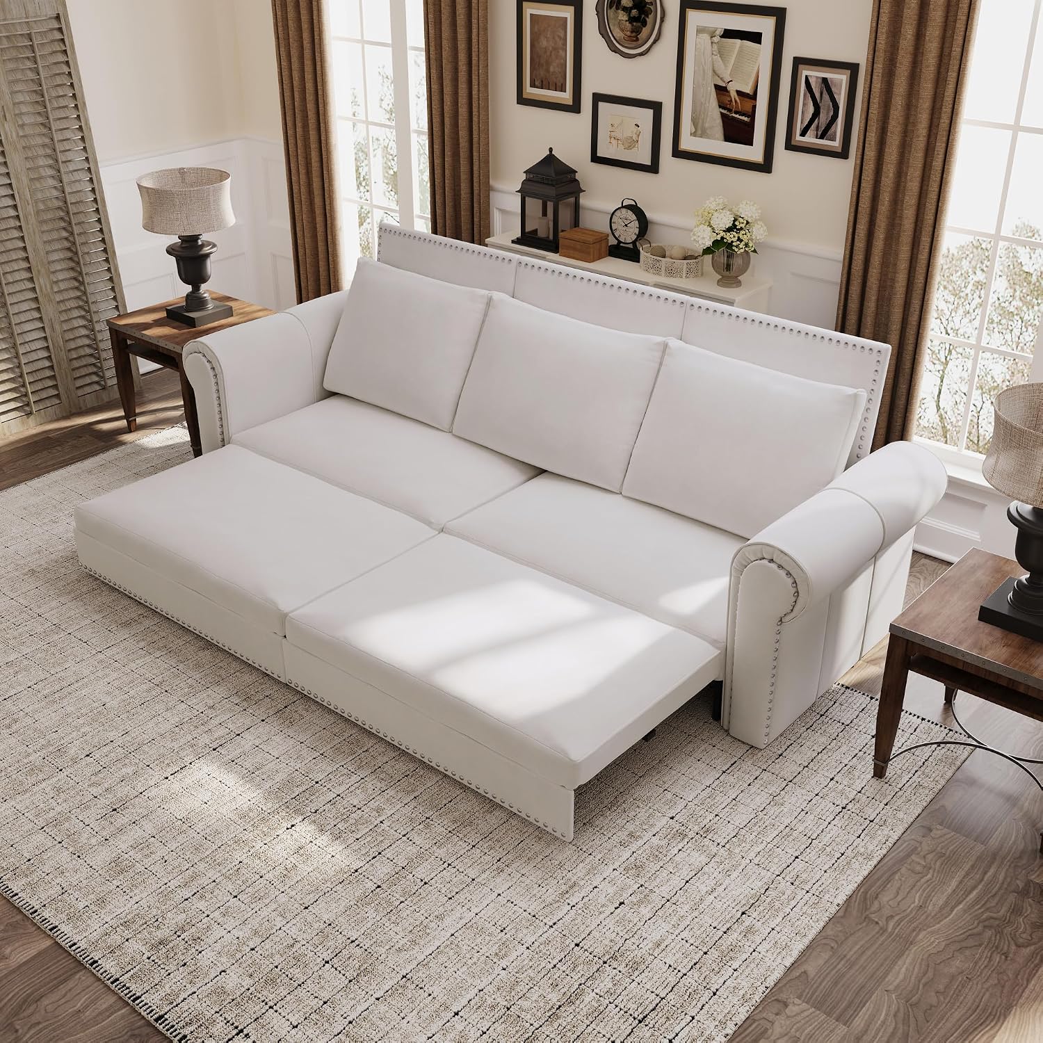 3 in 1 Convertible Sleeper Sofa Bed, 93.7' King Size Sofa Sleeper with Pull Out Bed, Velvet Folding Loveseat Sofa 3-Seater with Deep Seat, Nailhead Trim & Rolled Arm for Living Room (Beige)