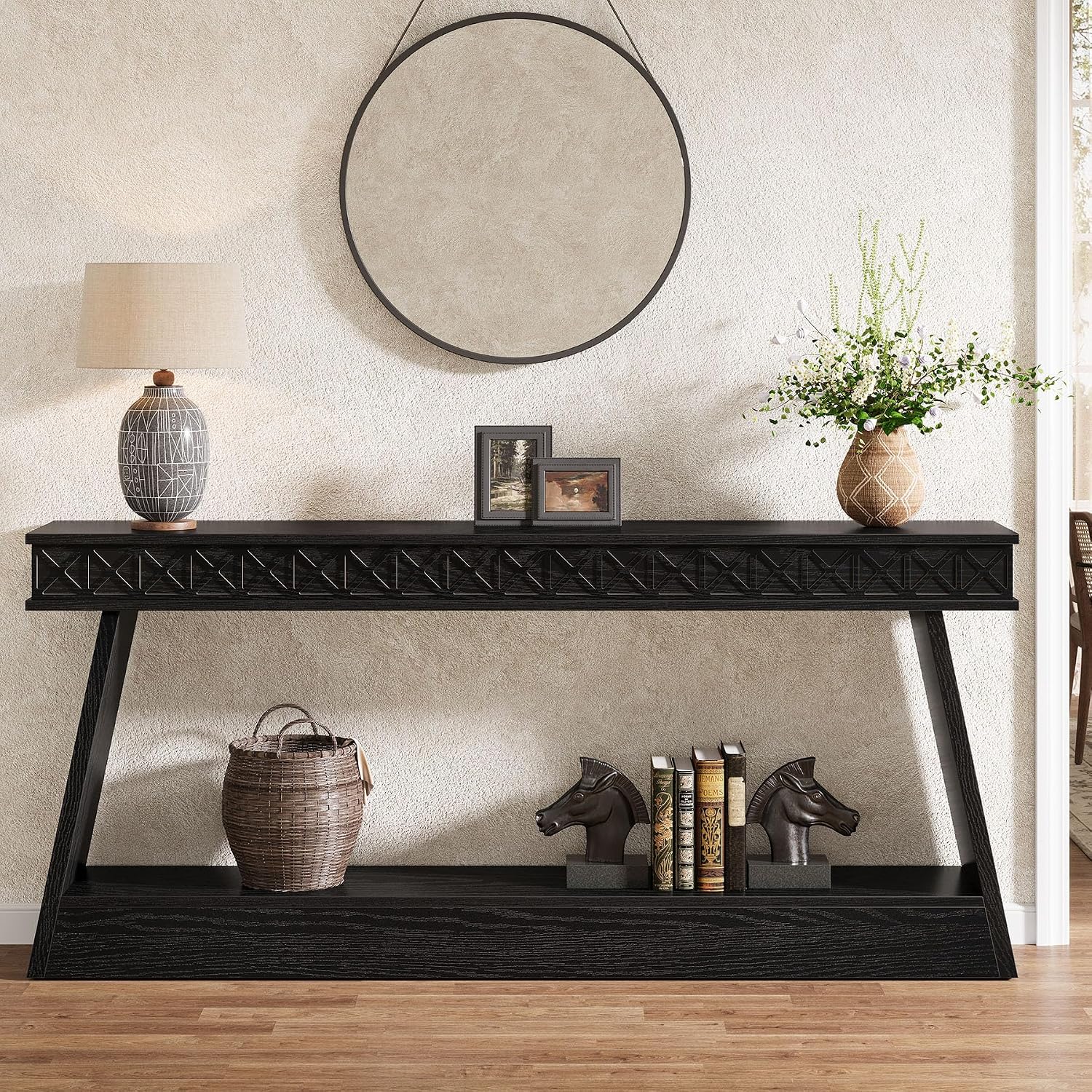 Tribesigns 70.9 Inch Long Console Table for Entryway, 2-Tier Farmhouse Entryway Table with Storage, Narrow Sofa Table Behind the Couch, Wood Accent Table for Hallway, Living Room, Foyer, Black