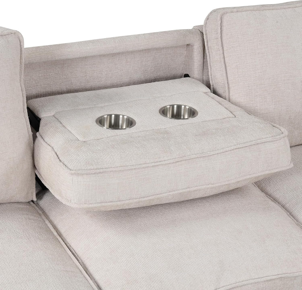 Ball & Cast 89' Sleeper Sofa, L Shaped Sectional Couch with Pullout Bed & Reversible Storage Chaise,Upholstered Sofa Bed with 2 Cup Holders & USB Port,Pull Out Couch for Living Room, Apartment,Beige