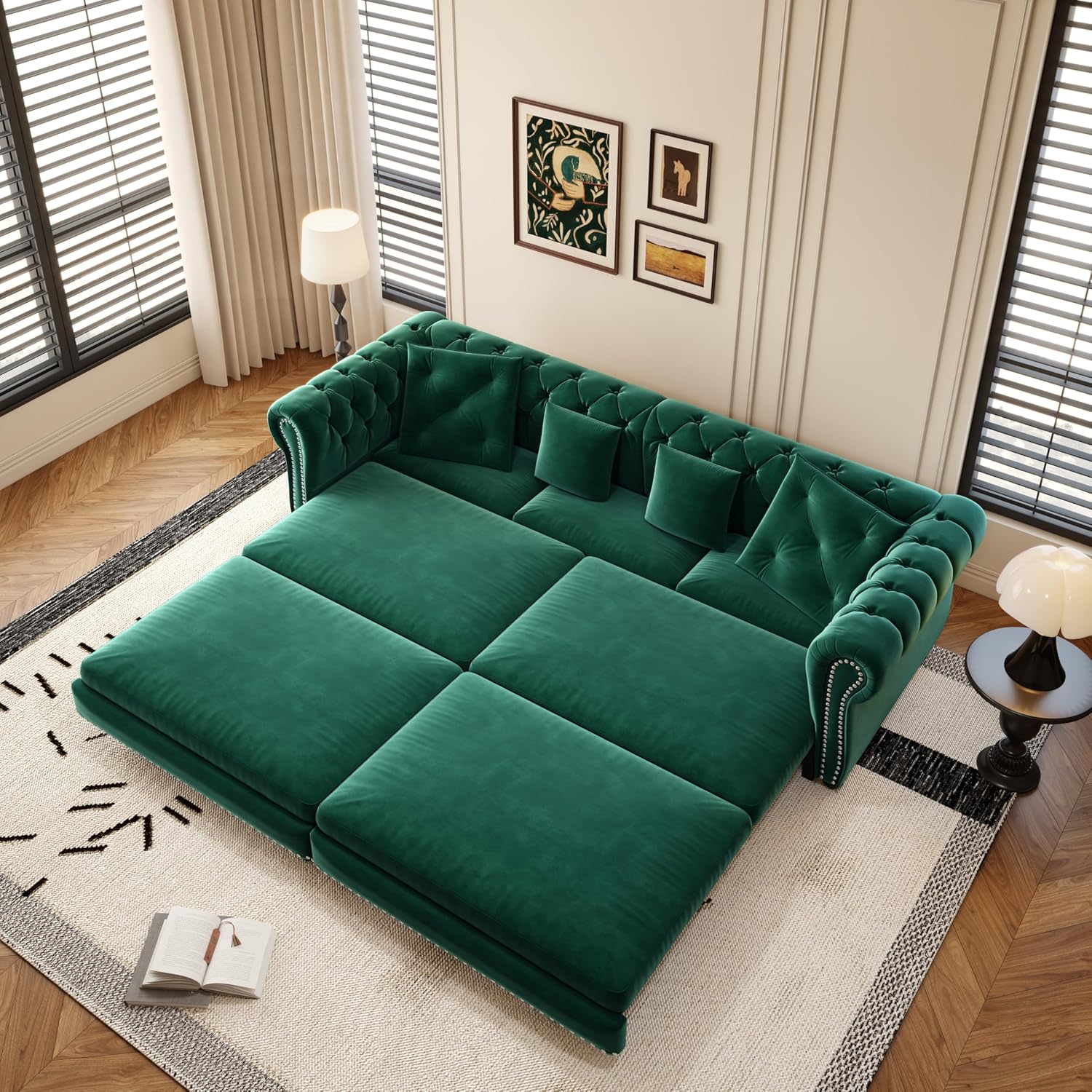 KEIKI King Size Convertible Chesterfield Sofa Bed, 89' Velvet Couch with Ottoman, Tufted Design, 3-in-1 Sleeper Sofa for Living Room, Bedroom, or Office, Green