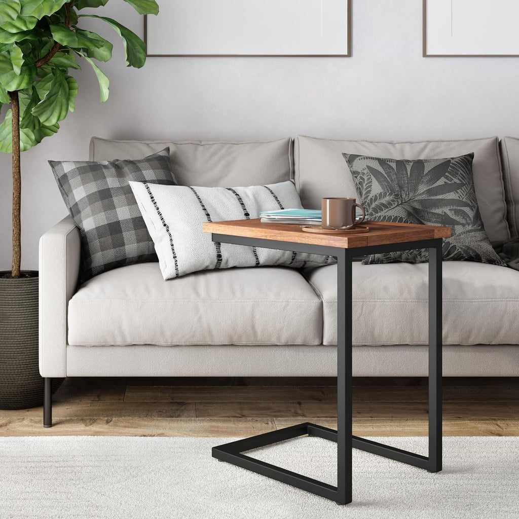 SIMPLIHOME Skyler C-Side Table - 16 inch Wide Solid Mango Wood and Metal Slide-Under Table in Dark Cognac Brown, Industrial Accent Table or End Table for Living Room with Open Frame Design, Assembled