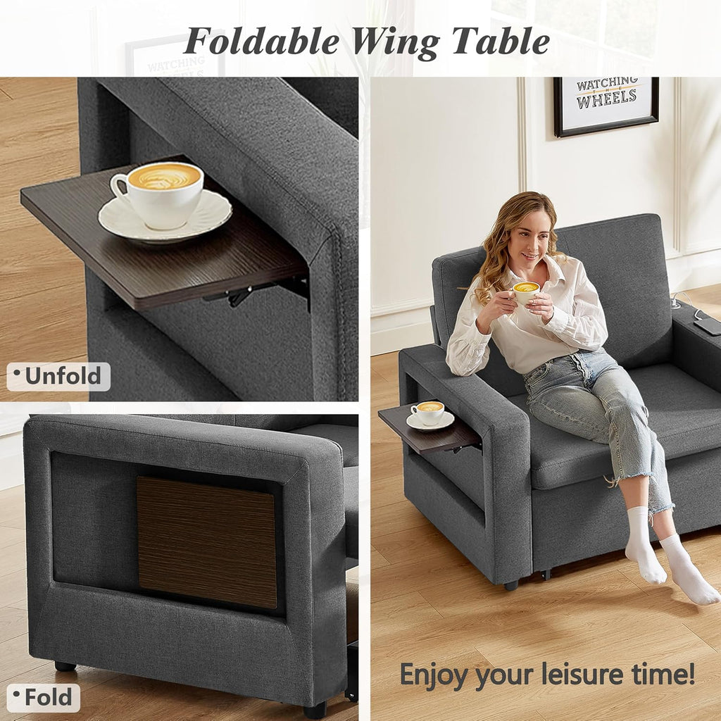 WEUP 42.5' Sleeper Sofa Chair Bed, 3-in-1 Convertible Sleeper Chair with Pull Out Bed, Adjustable Reclining Backrest, Side Pockets, Cup Holder, USB Ports & Wing Table, Premium Dark Grey