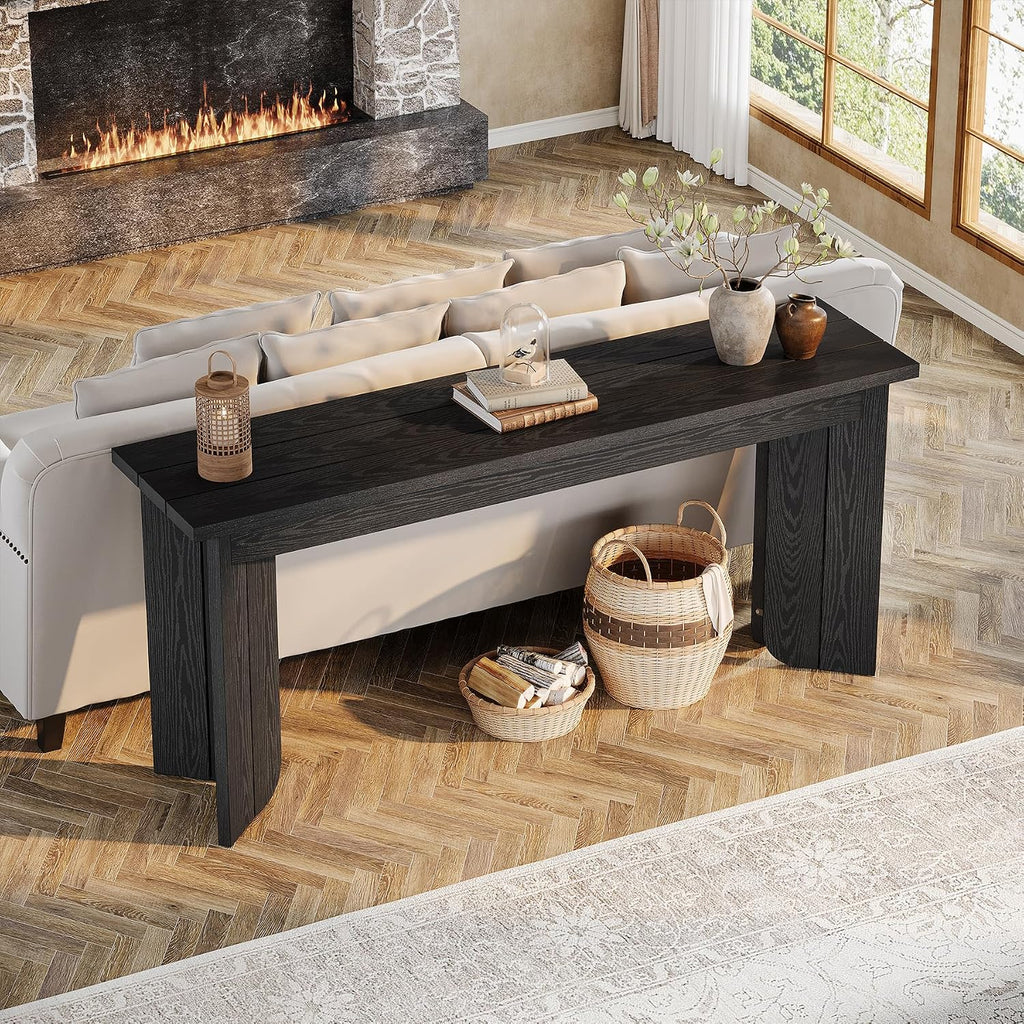 Tribesigns Farmhouse Console Table, 70.9-Inch Extra Long Console Table, Wood Sofa Table Behind Couch with Widened Tabletop & Sturdy Double Pedestal for Living Room, Hallway, Foyer (Black)