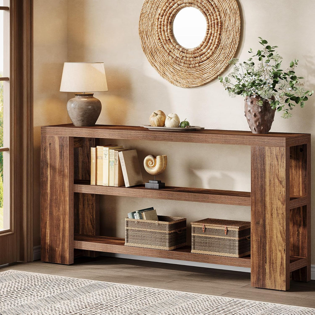 Tribesigns 70.9-Inch Extra Long Console Table with Storage, Narrow Wooden Sofa Table Behind The Couch, Farmhouse 3-Tier Entry Foyer Table for Entryway, Living Room, Hallway, Brown
