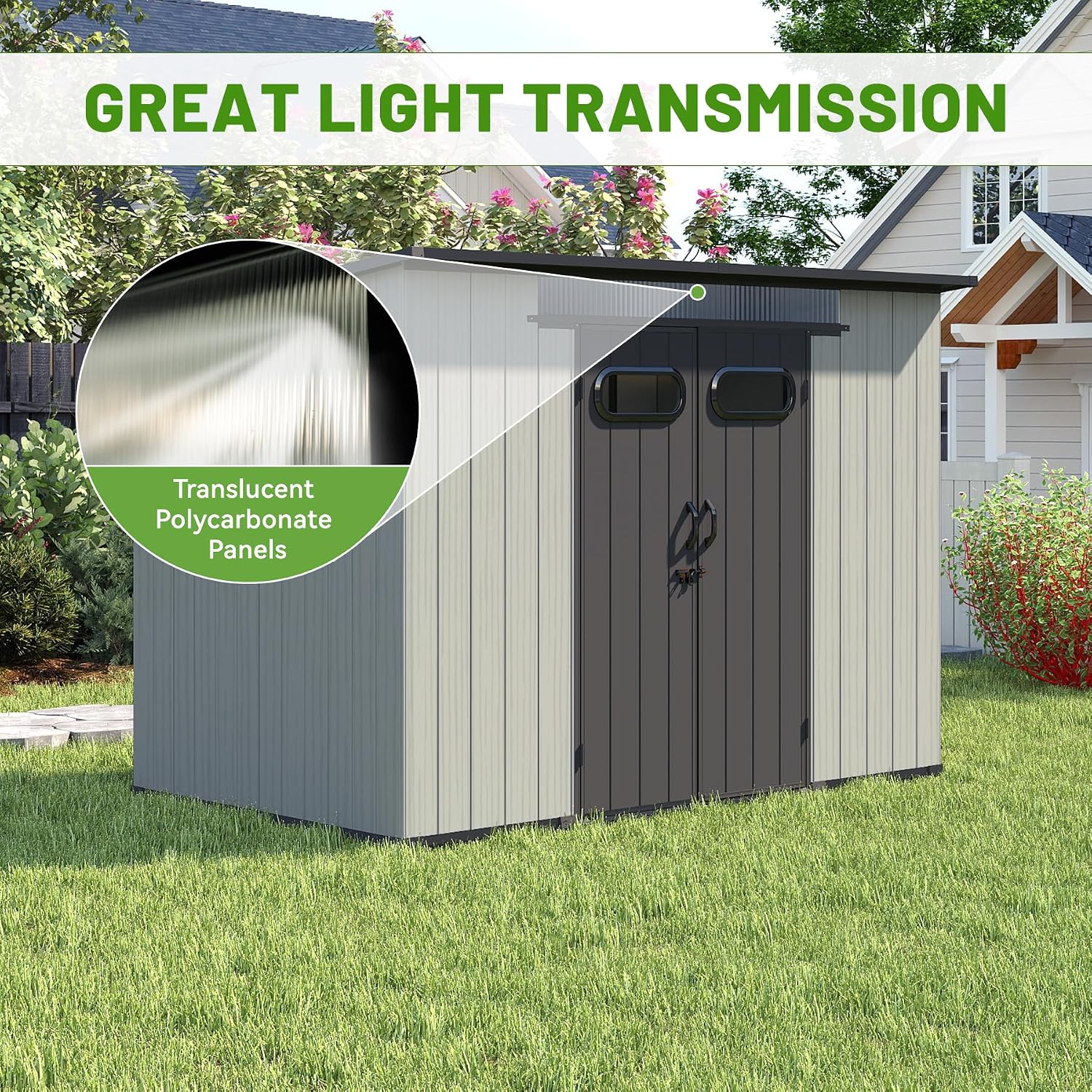 6x9 FT Outdoor Resin Storage Shed with Mats, All-Weather Sloping Plastic Storage Sheds with Lockable Doors & Vents, Outside Tool Storage Shed for Backyard, Garden, Mower, Bike & Pool Equipment